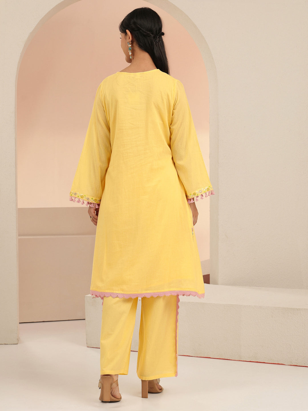  Libas Daffodil Yellow Floral Embroidered Cotton A-Line Kurta Set 
