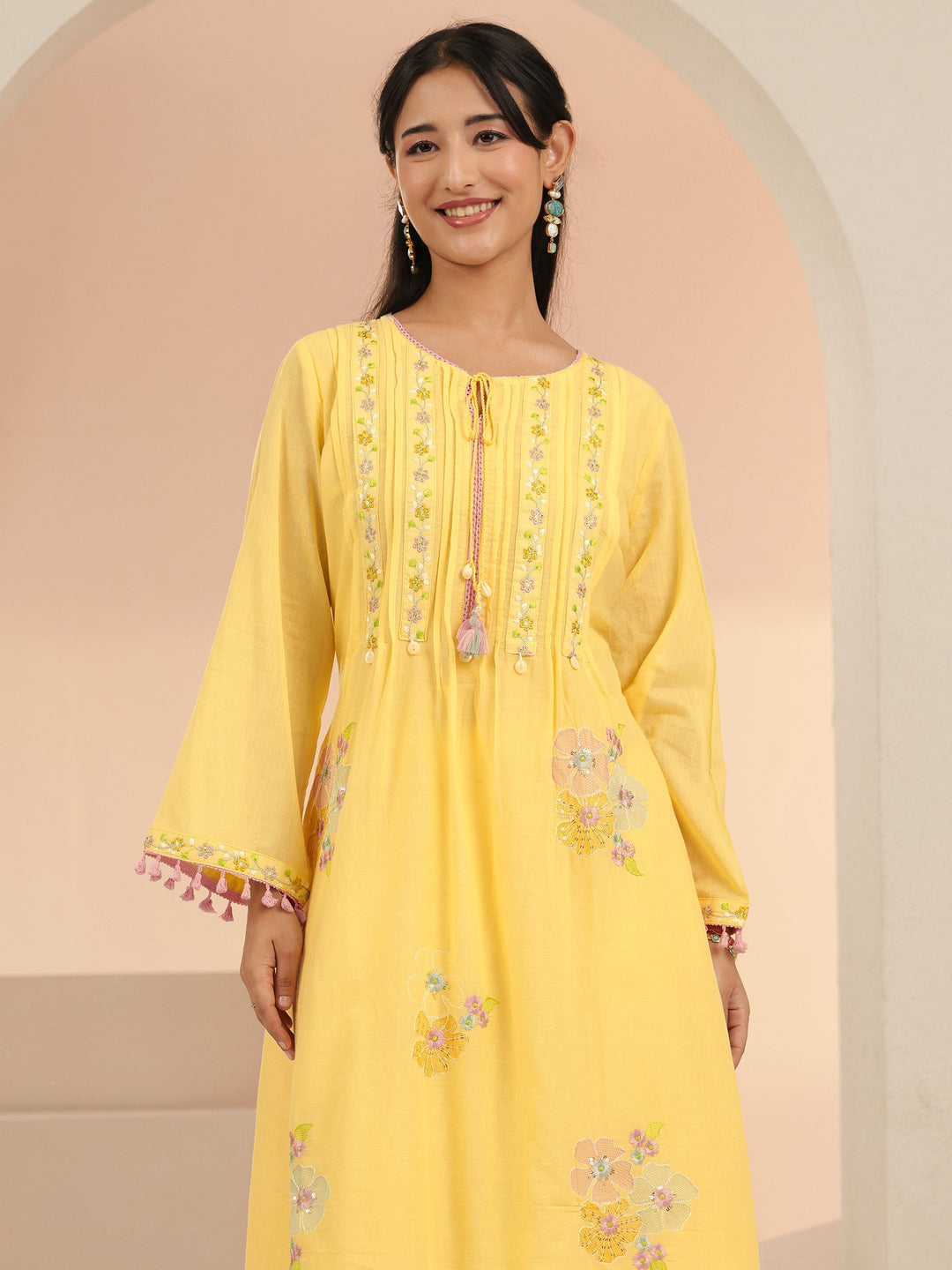  Libas Daffodil Yellow Floral Embroidered Cotton A-Line Kurta Set 
