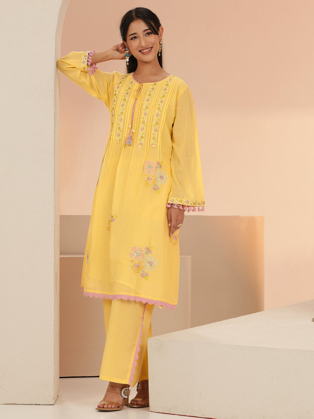 Libas Daffodil Yellow Floral Embroidered Cotton A-Line Kurta Set 