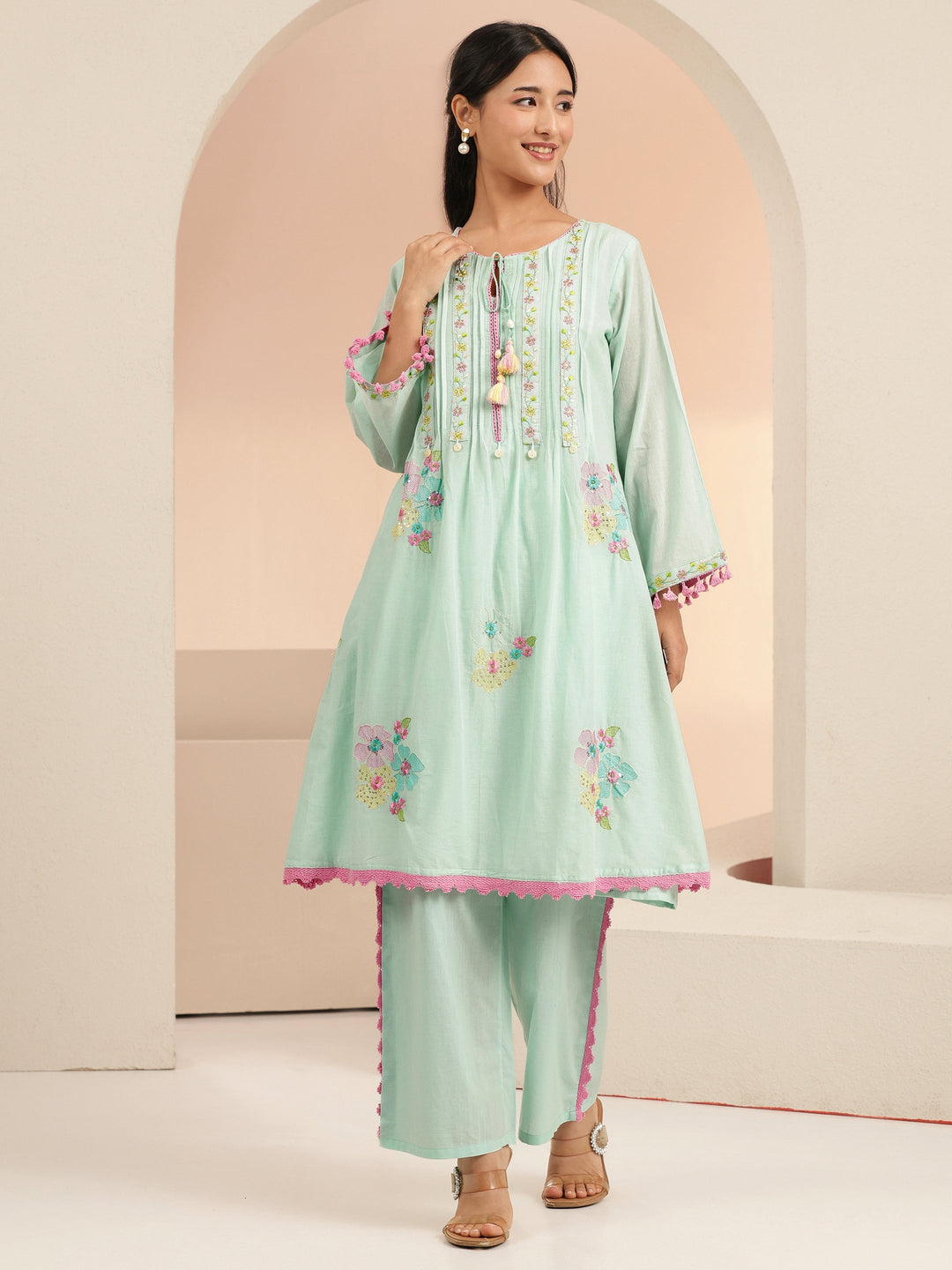  Libas Ocean Blue Floral Embroidered Cotton A-Line Kurta Set 