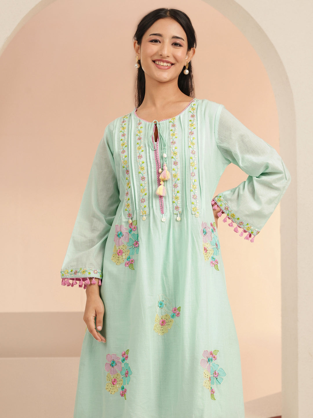  Libas Ocean Blue Floral Embroidered Cotton A-Line Kurta Set 