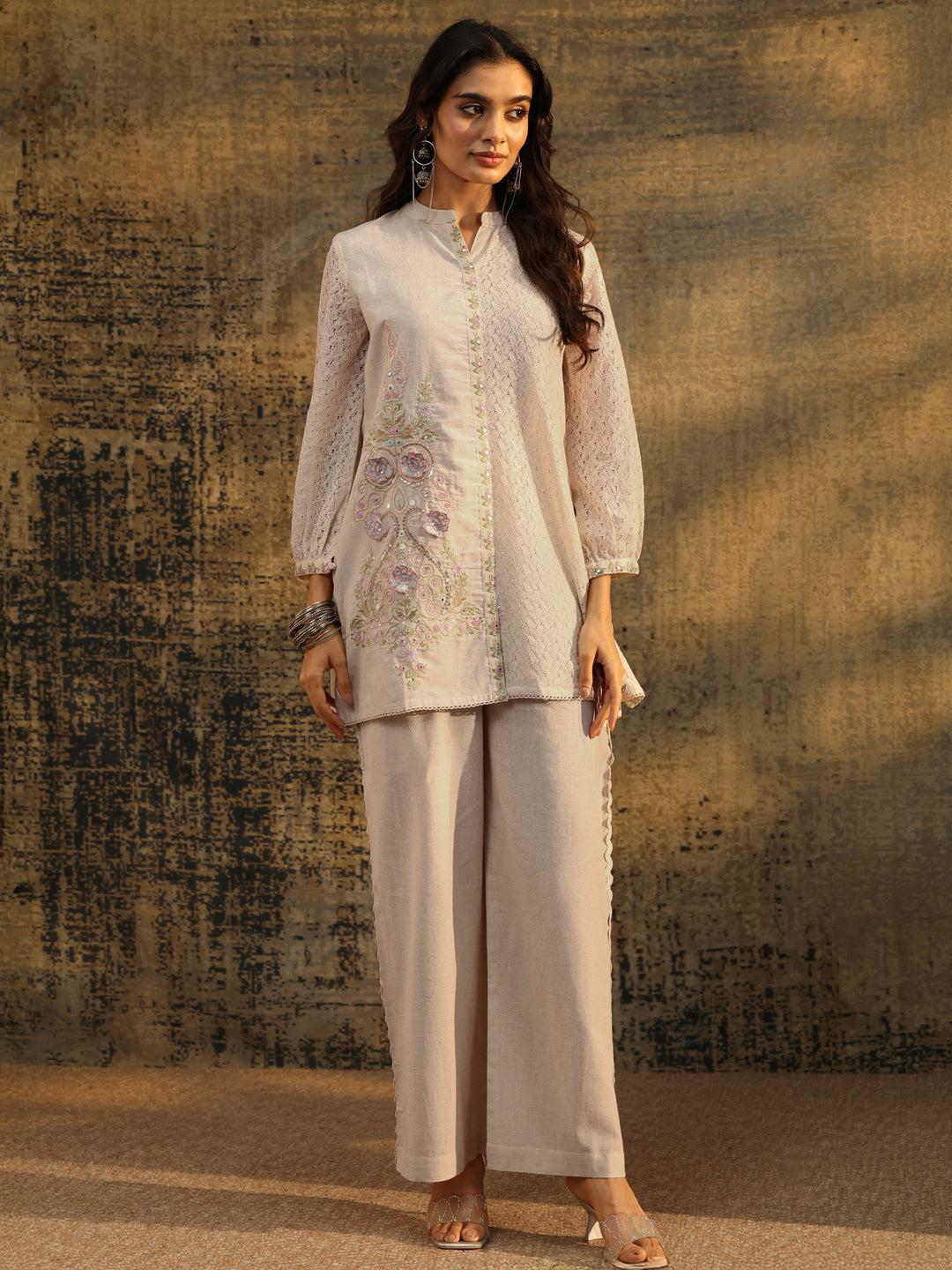  Libas Off white Floral Embroidered Cotton Straight Kurta Set 