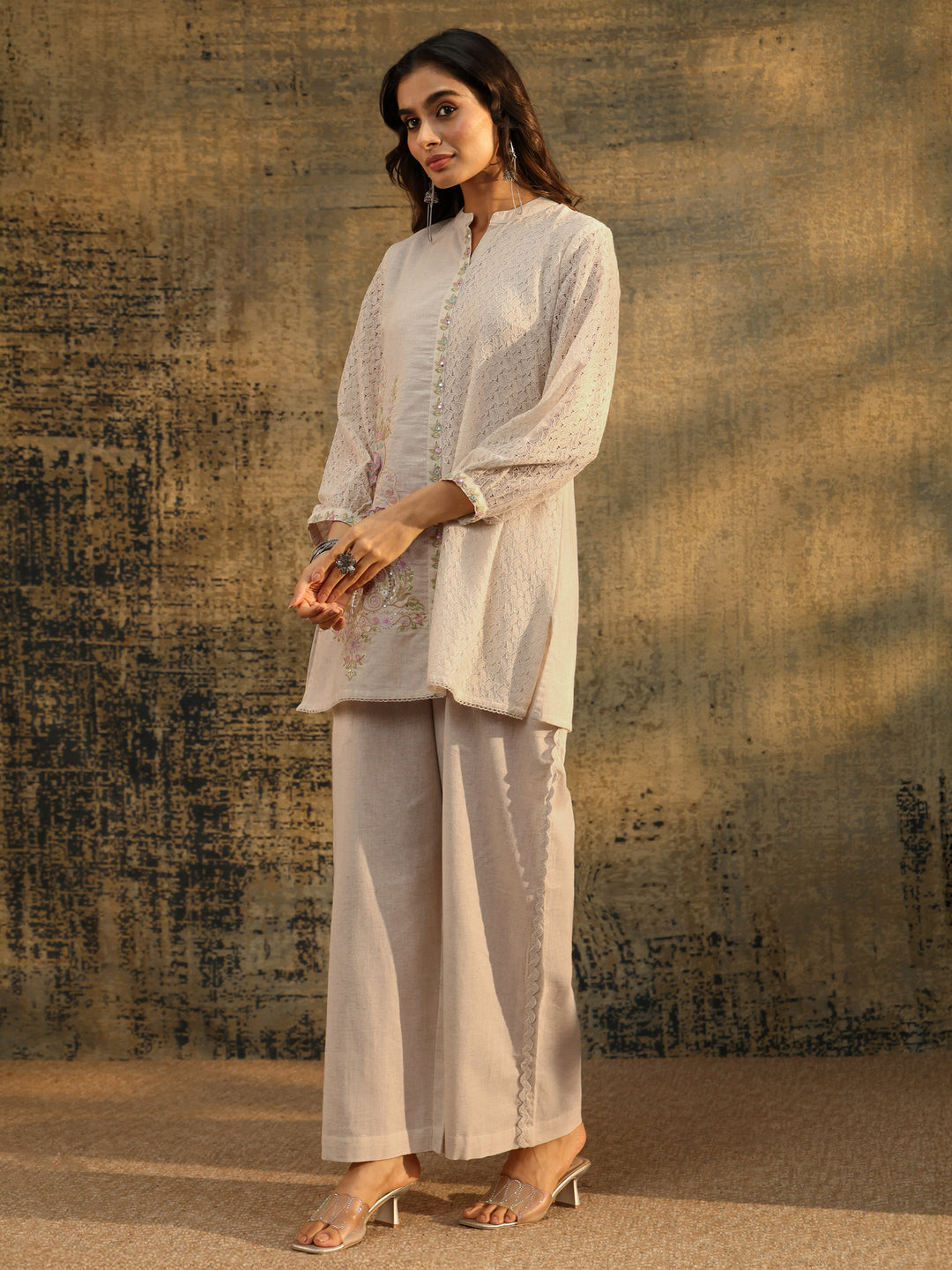  Libas Off white Floral Embroidered Cotton Straight Kurta Set 