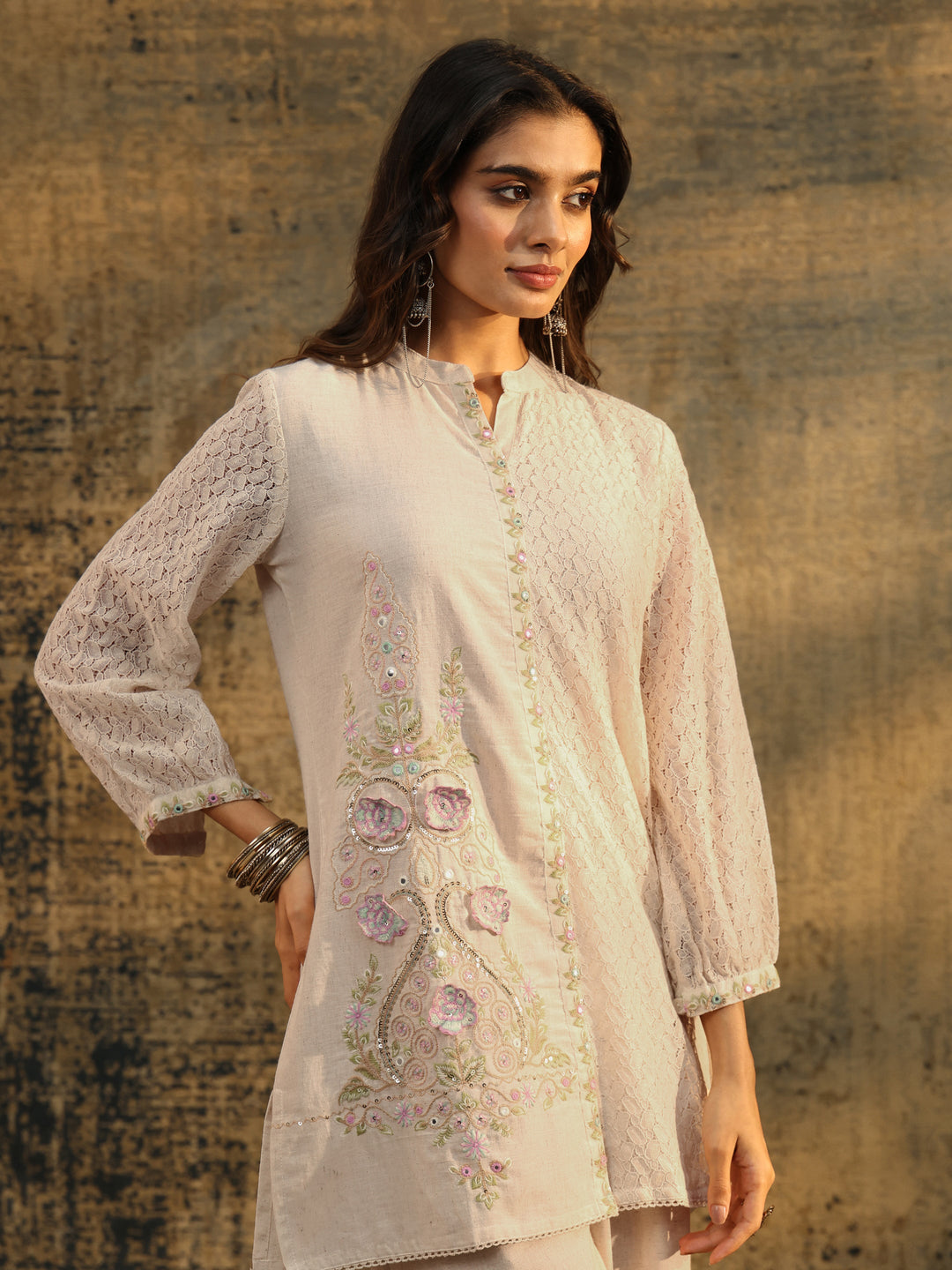  Libas Off white Floral Embroidered Cotton Straight Kurta Set 