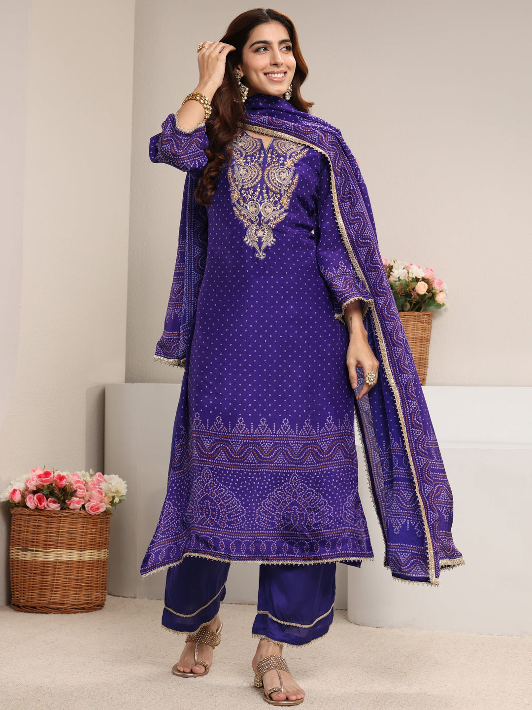  Purple Bandhani Printed Crepe Straight Suit Set With Dupatta 