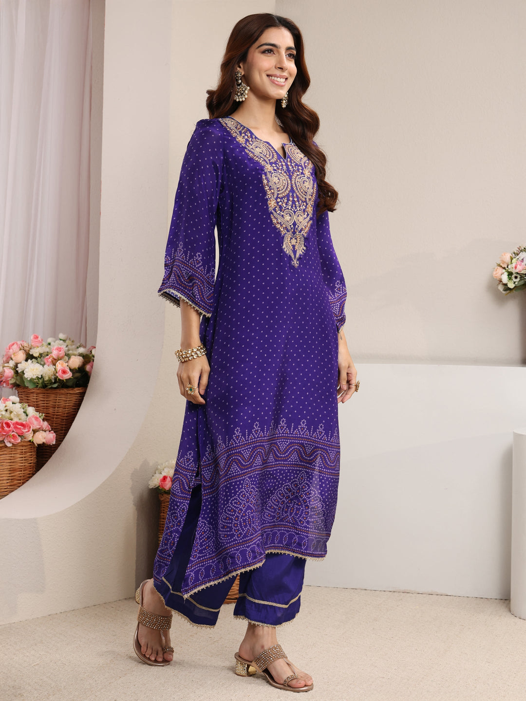 Purple Bandhani Printed Crepe Straight Suit Set With Dupatta 