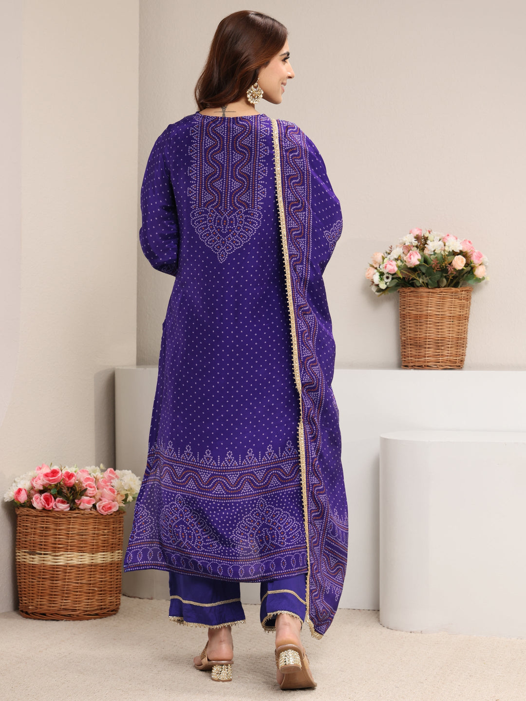  Purple Bandhani Printed Crepe Straight Suit Set With Dupatta 