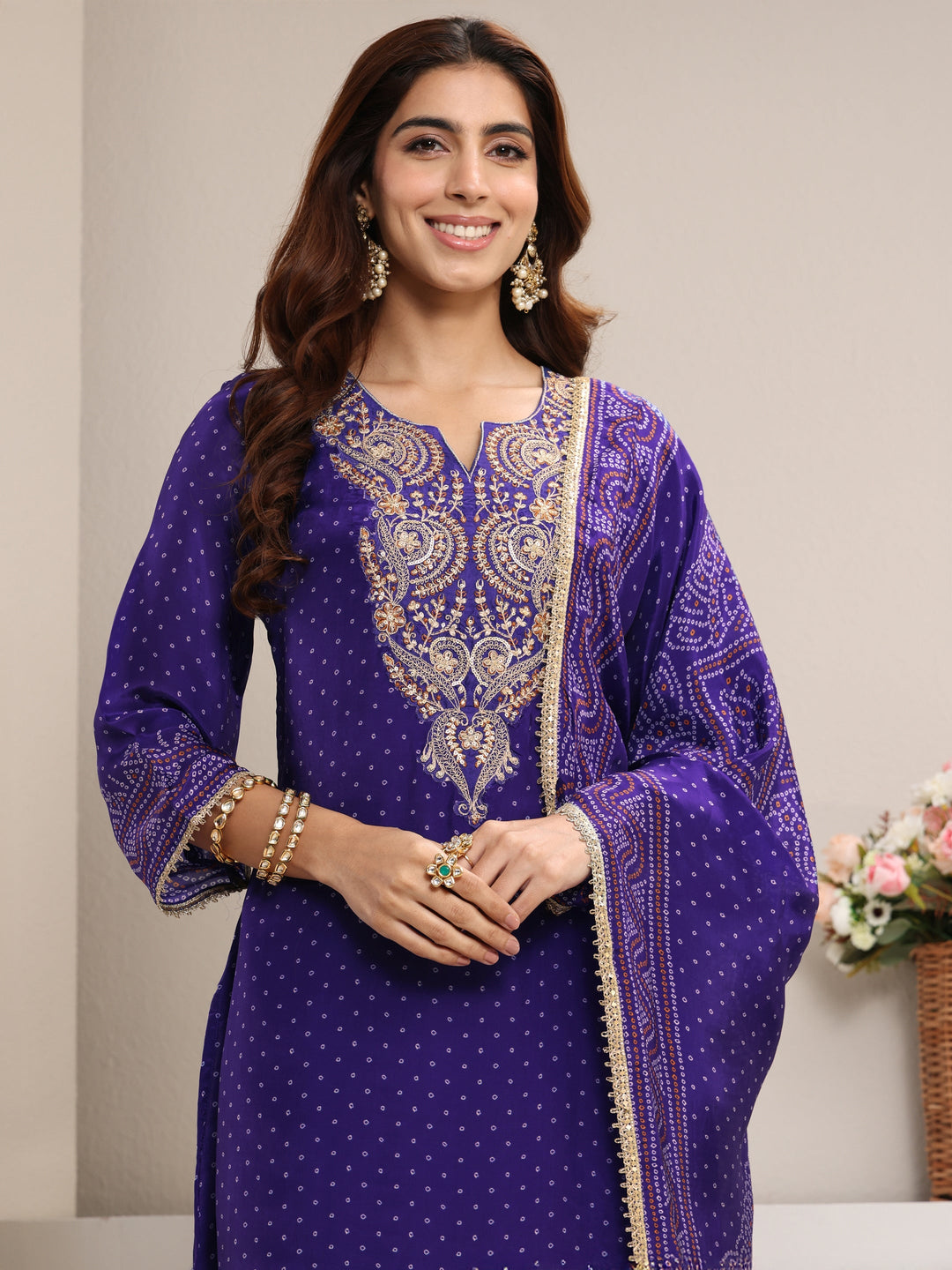  Purple Bandhani Printed Crepe Straight Suit Set With Dupatta 