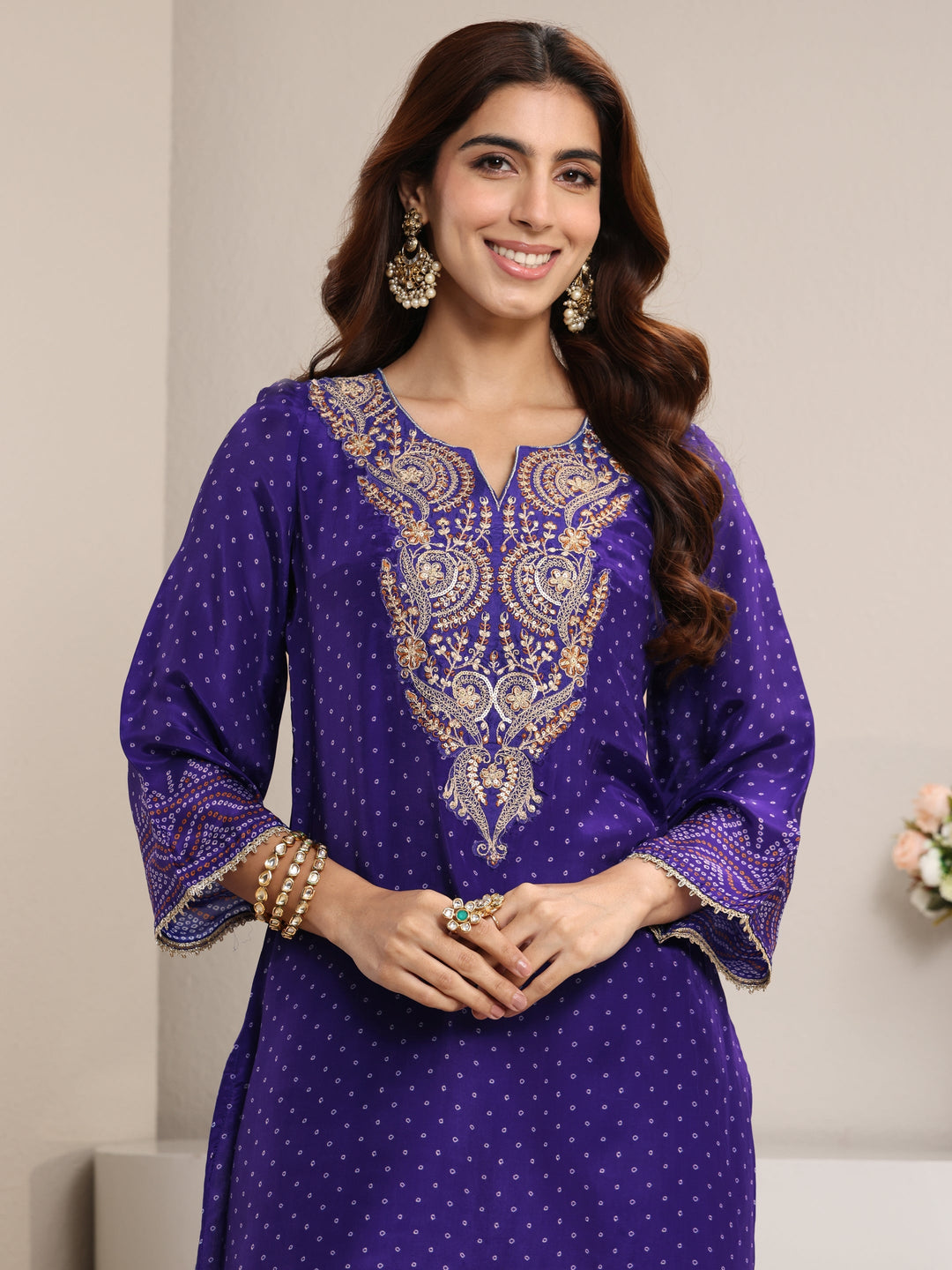  Purple Bandhani Printed Crepe Straight Suit Set With Dupatta 