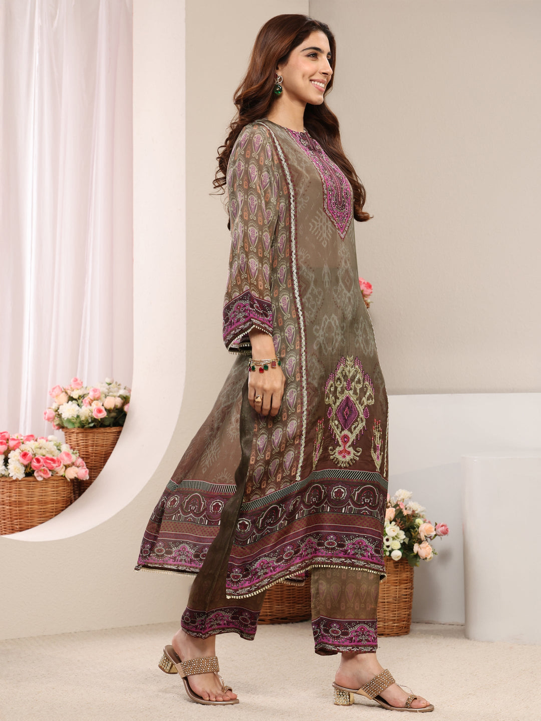  Taupe Ethnic Printed Crepe Straight Suit Set With Dupatta 
