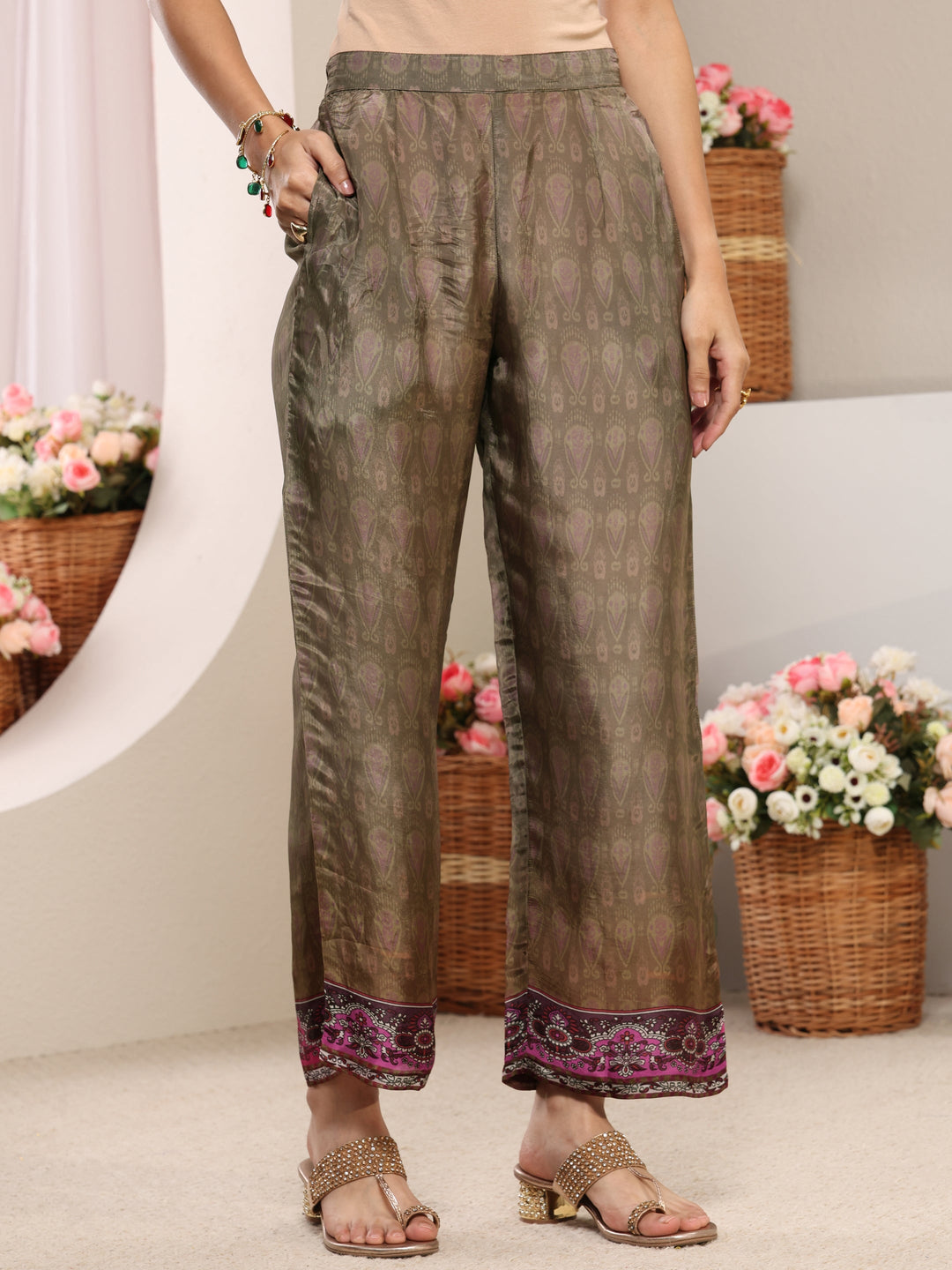  Taupe Ethnic Printed Crepe Straight Suit Set With Dupatta 
