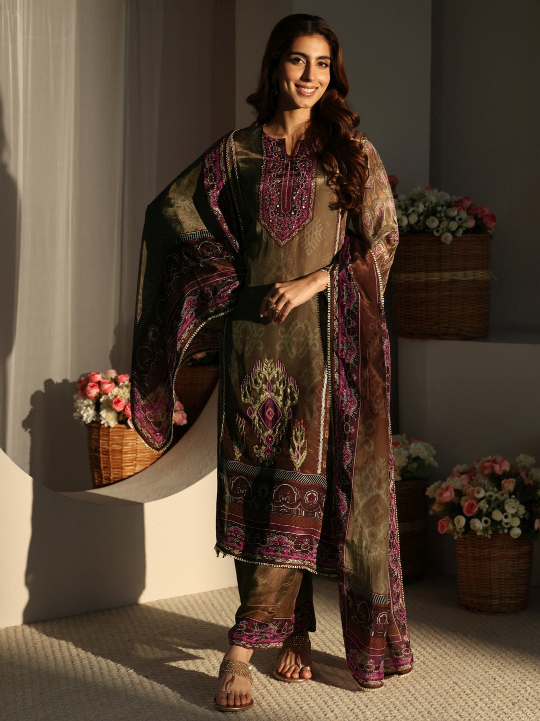  Taupe Ethnic Printed Crepe Straight Suit Set With Dupatta 