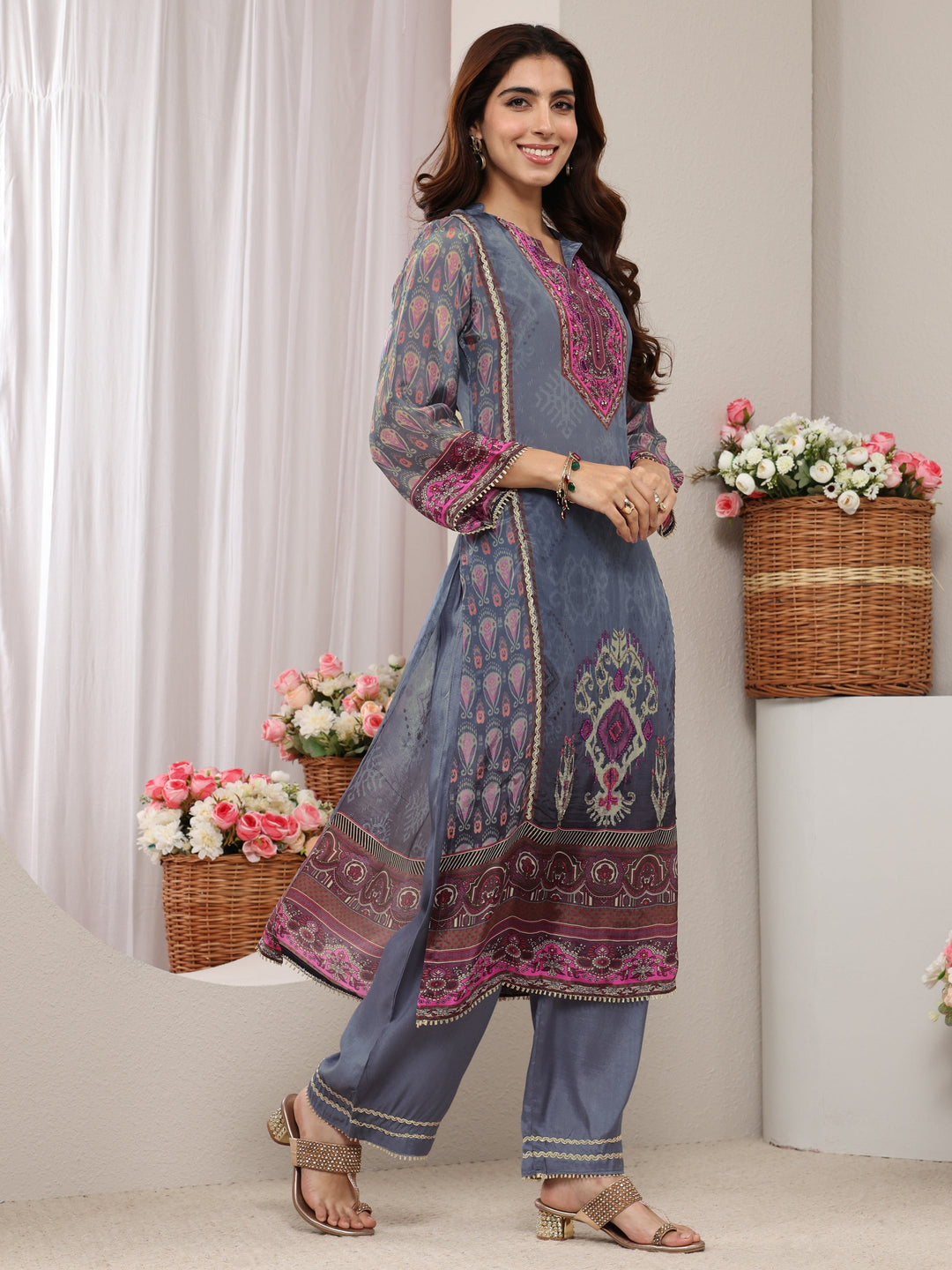  Grey Ethnic Printed Crepe Straight Suit Set With Dupatta 
