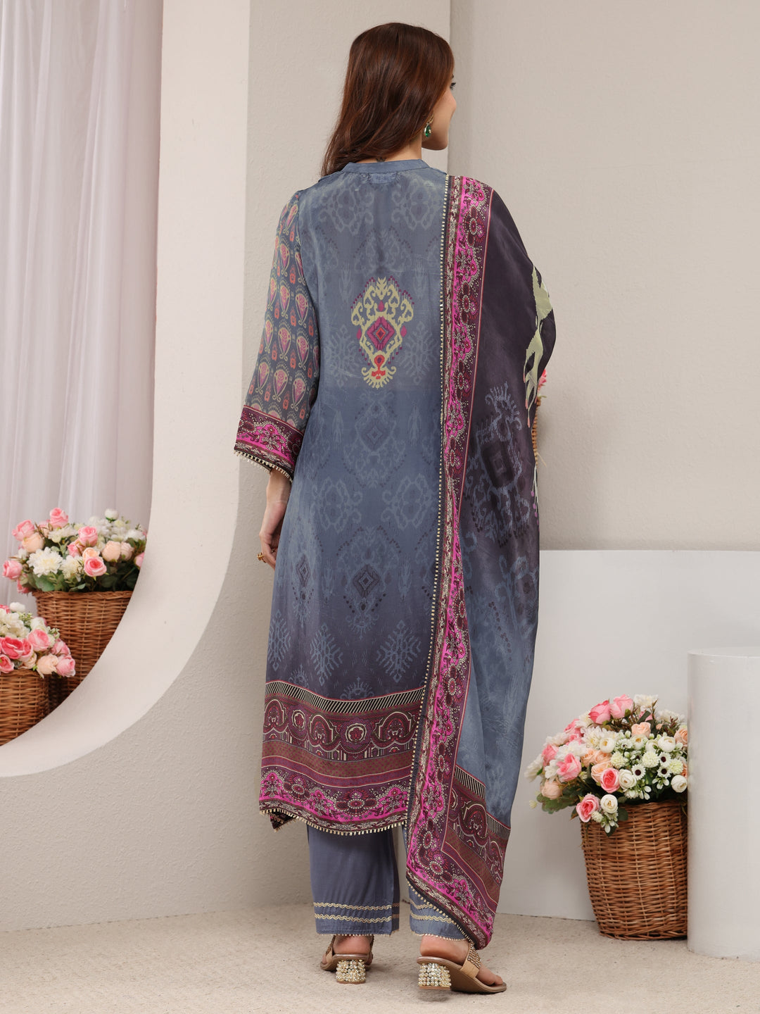  Grey Ethnic Printed Crepe Straight Suit Set With Dupatta 