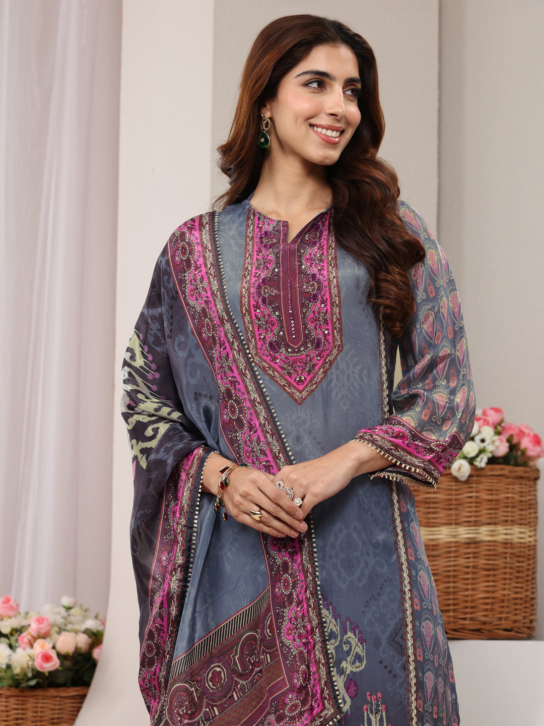  Grey Ethnic Printed Crepe Straight Suit Set With Dupatta 