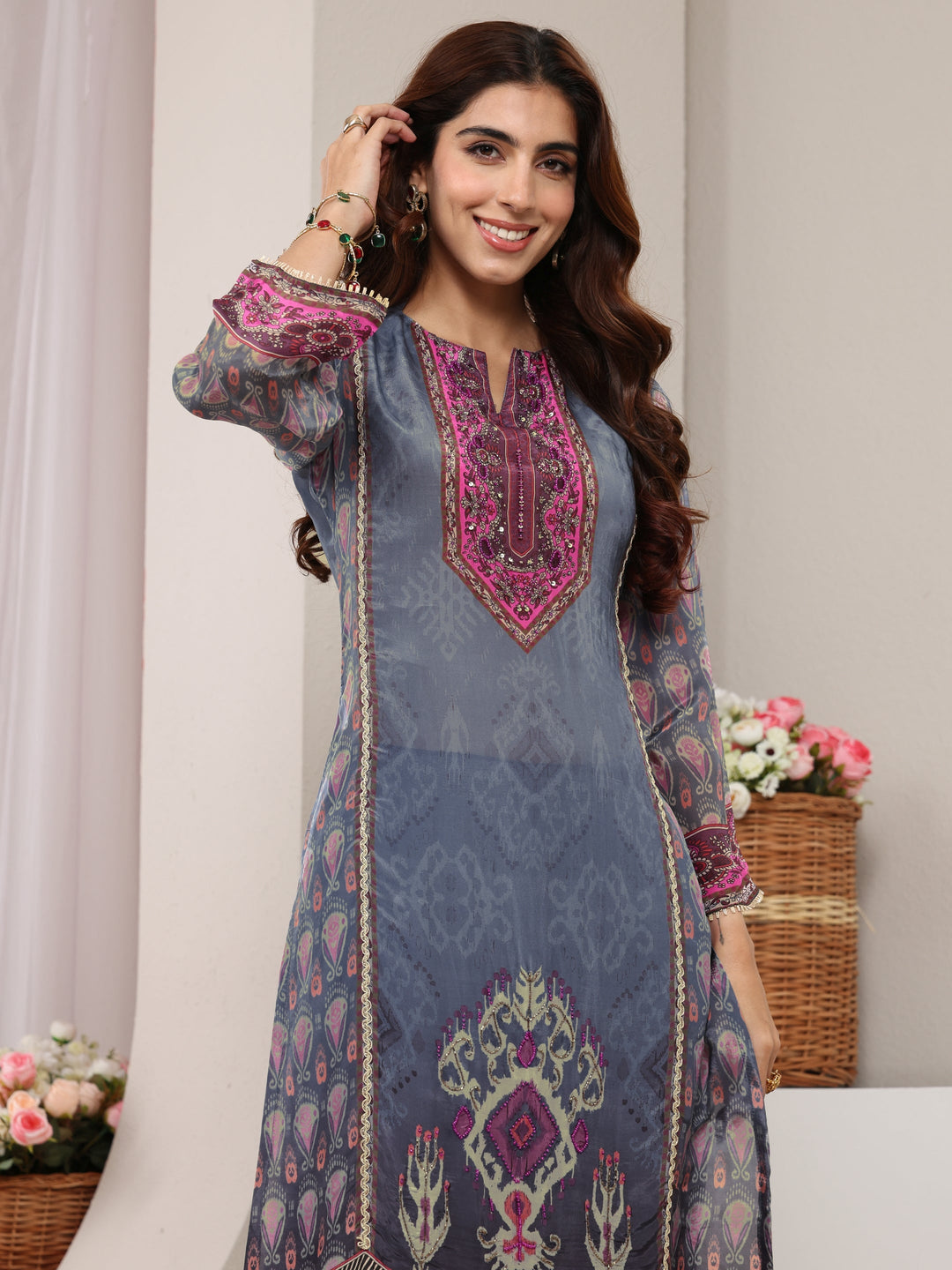  Grey Ethnic Printed Crepe Straight Suit Set With Dupatta 