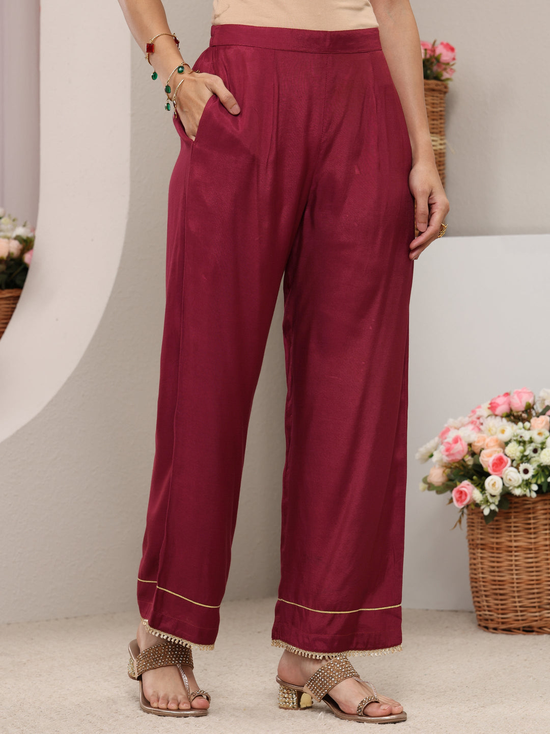  Maroon Floral Embroidered Crepe Straight Suit Set With Dupatta 