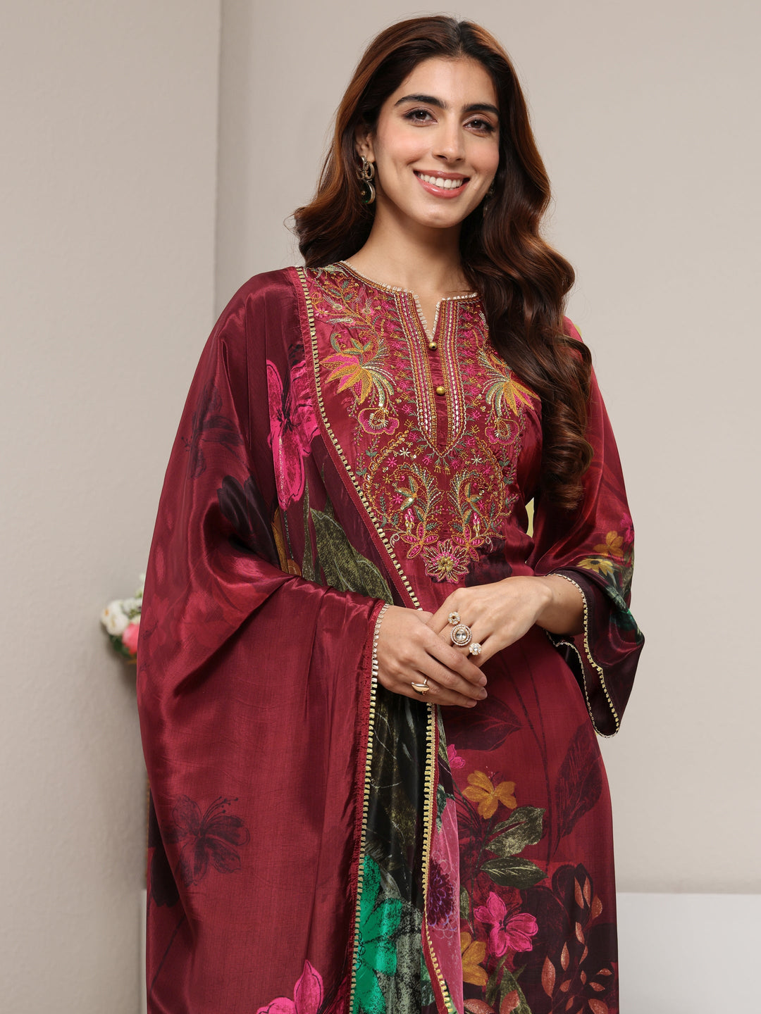  Maroon Floral Embroidered Crepe Straight Suit Set With Dupatta 