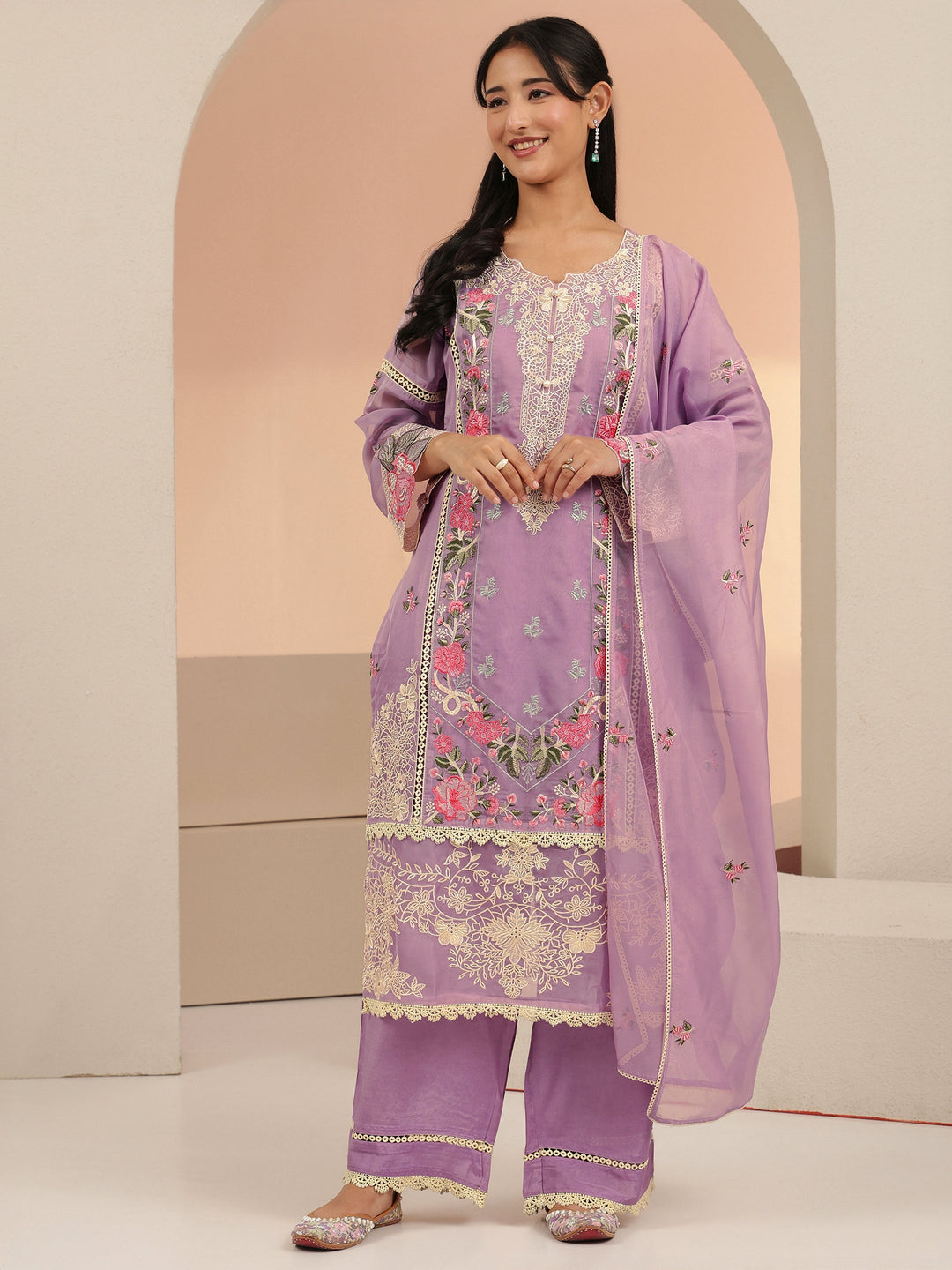  Libas Lavender Floral Embridered Organza Straight Suit Set 