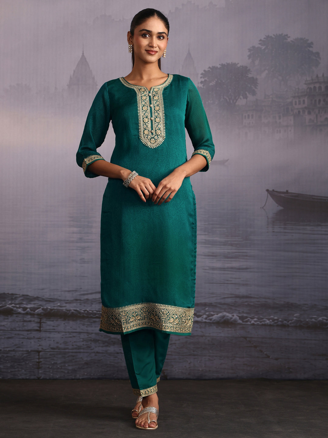  Libas Sea Green Floral Embroidered Chinon Straight Suit Set 