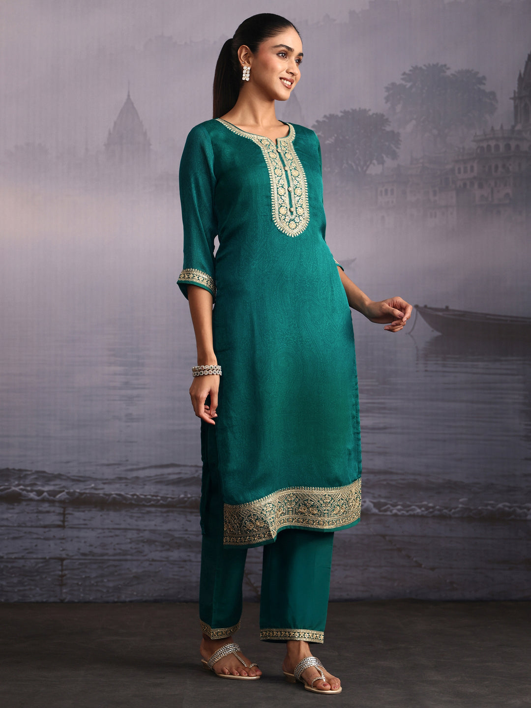  Libas Sea Green Floral Embroidered Chinon Straight Suit Set 
