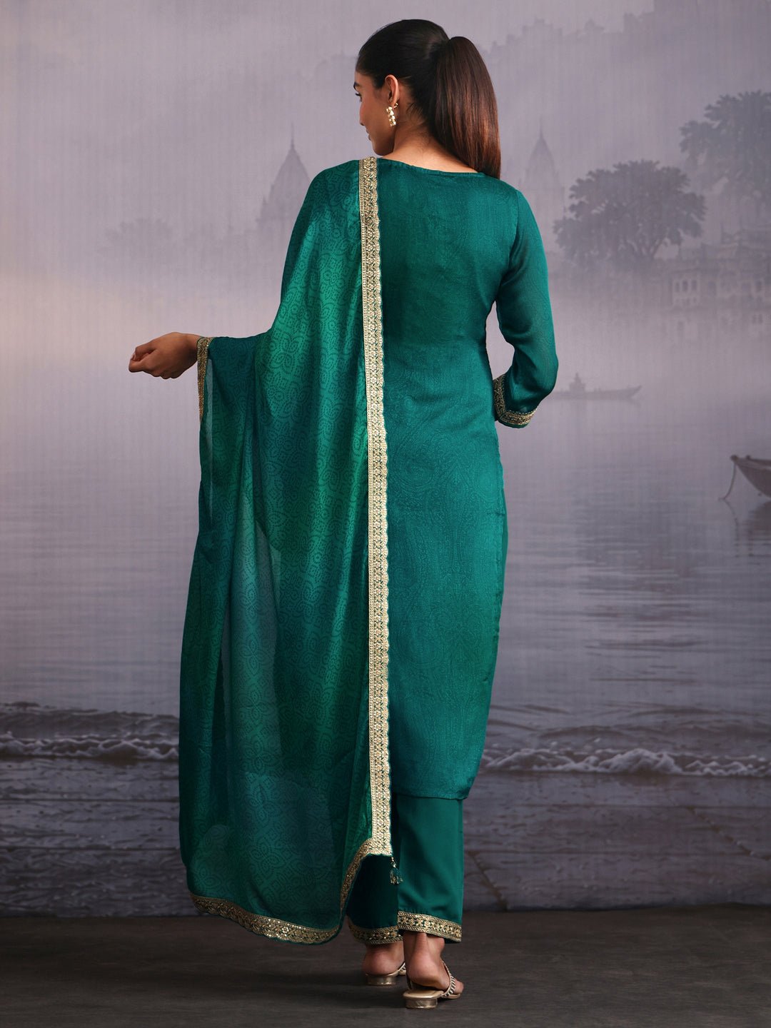  Libas Sea Green Floral Embroidered Chinon Straight Suit Set 