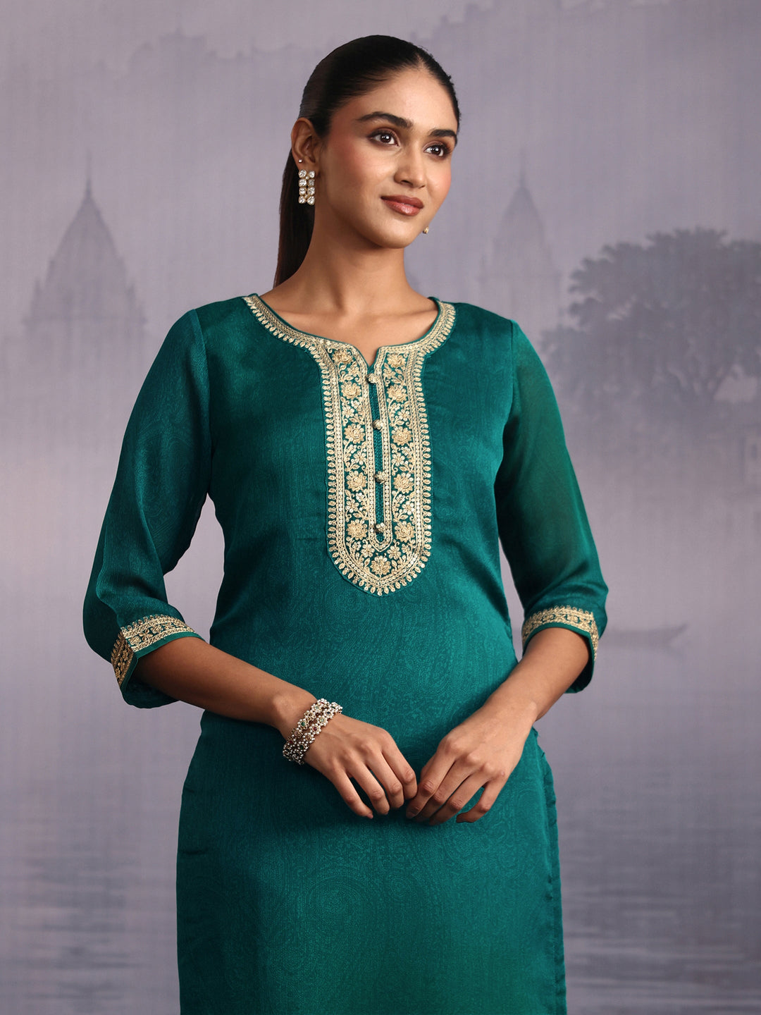  Libas Sea Green Floral Embroidered Chinon Straight Suit Set 