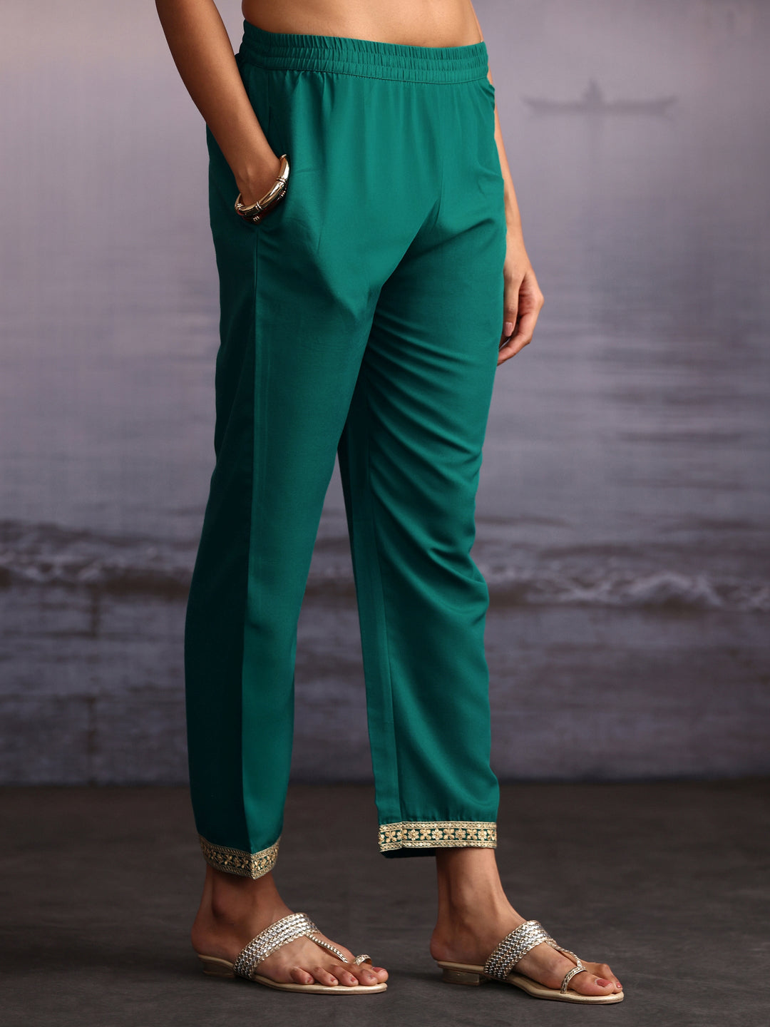  Libas Sea Green Floral Embroidered Chinon Straight Suit Set 