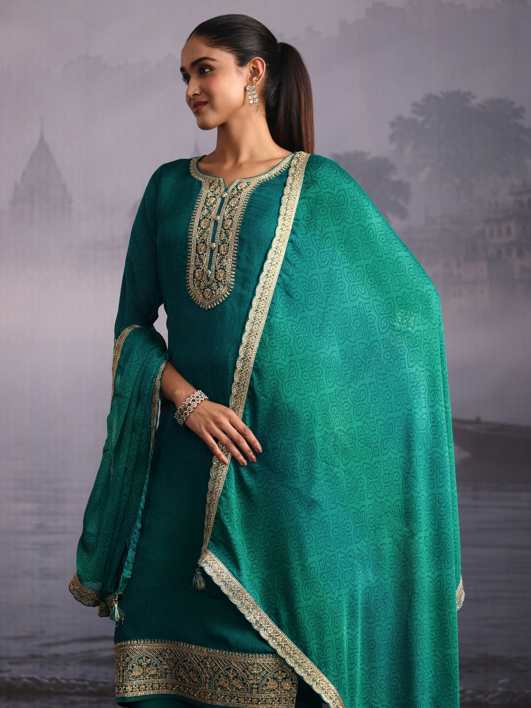  Libas Sea Green Floral Embroidered Chinon Straight Suit Set 