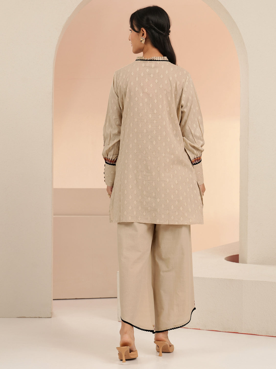 Libas Beige Tribal Woven Design Cotton Blend A-Line Co-Ord Set 