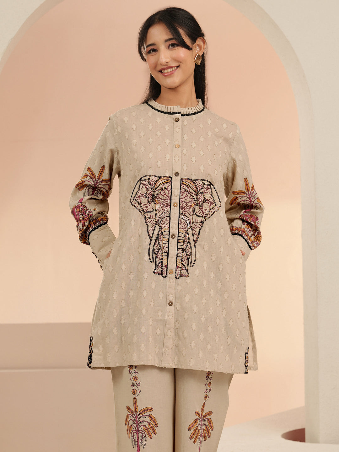  Libas Beige Tribal Woven Design Cotton Blend A-Line Co-Ord Set 
