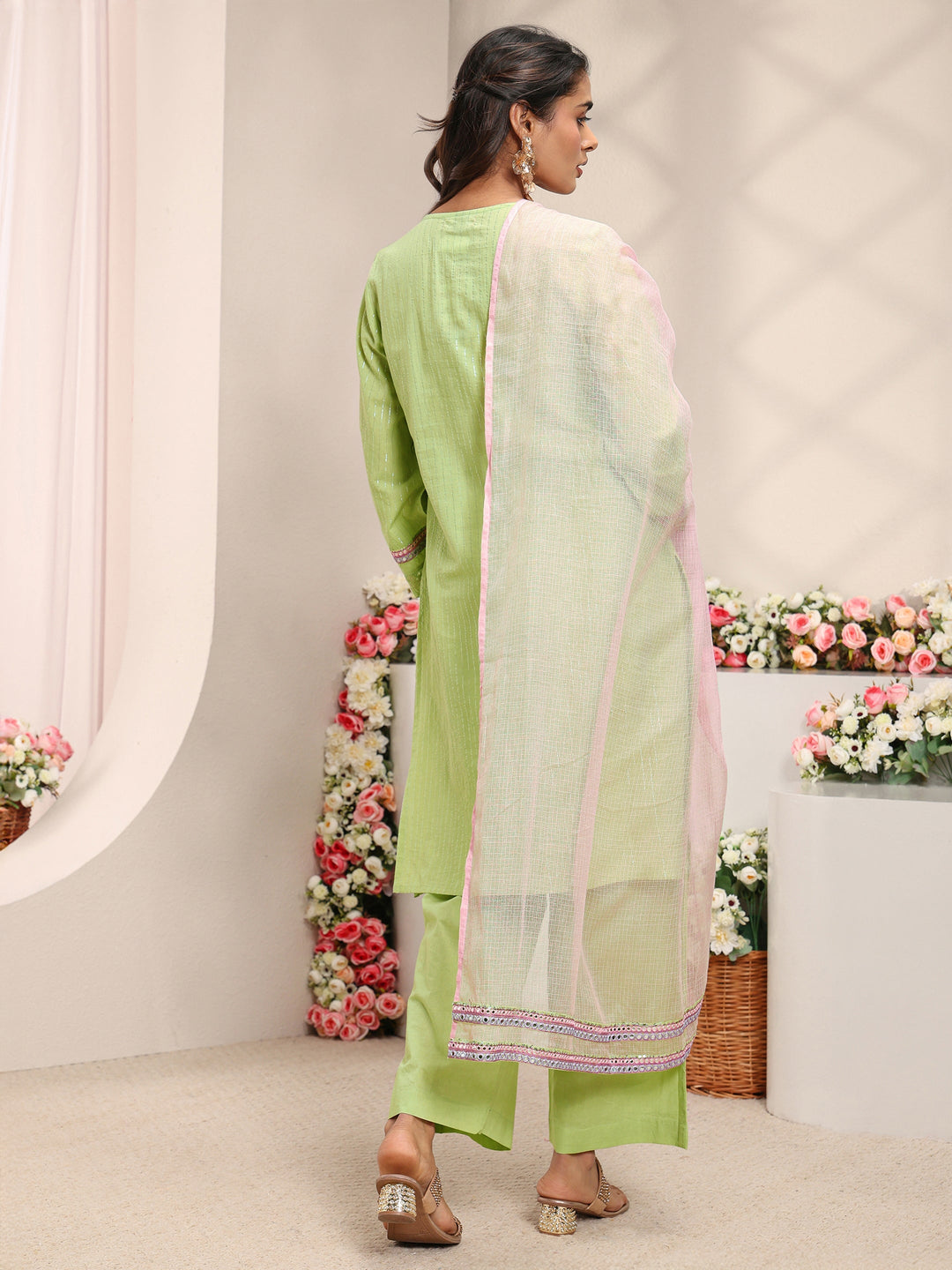  Green Floral Embroidered Mirror Work Cotton Straight Suit Set with Dupatta 
