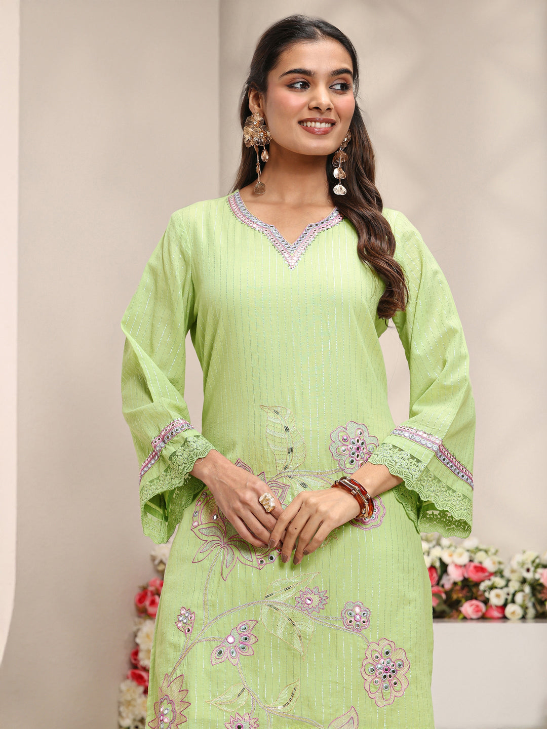  Green Floral Embroidered Mirror Work Cotton Straight Suit Set with Dupatta 