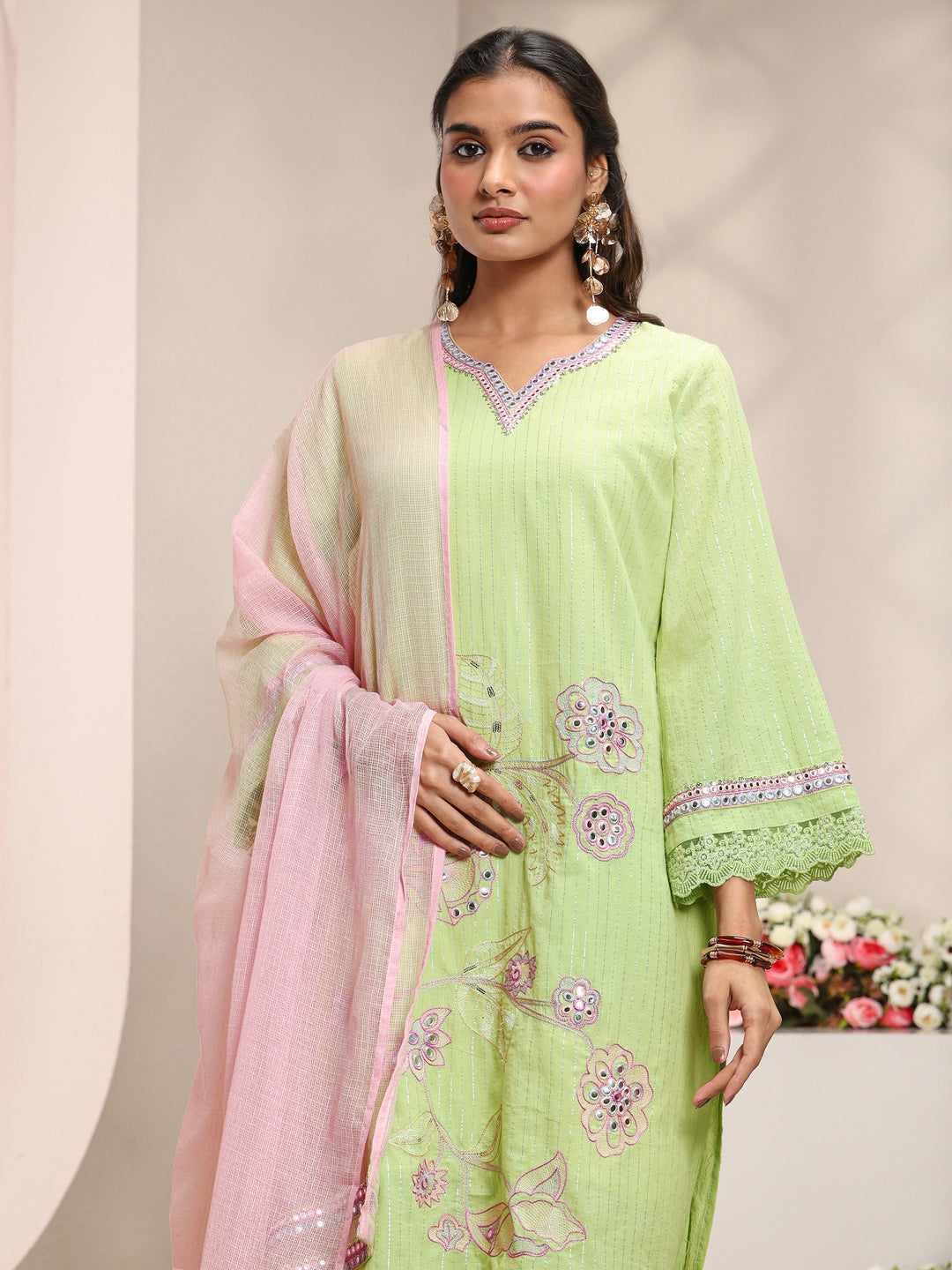  Green Floral Embroidered Mirror Work Cotton Straight Suit Set with Dupatta 