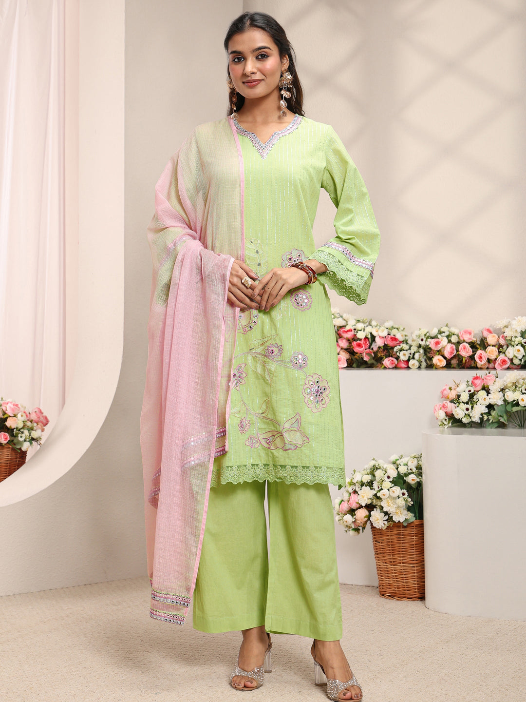  Green Floral Embroidered Mirror Work Cotton Straight Suit Set with Dupatta 