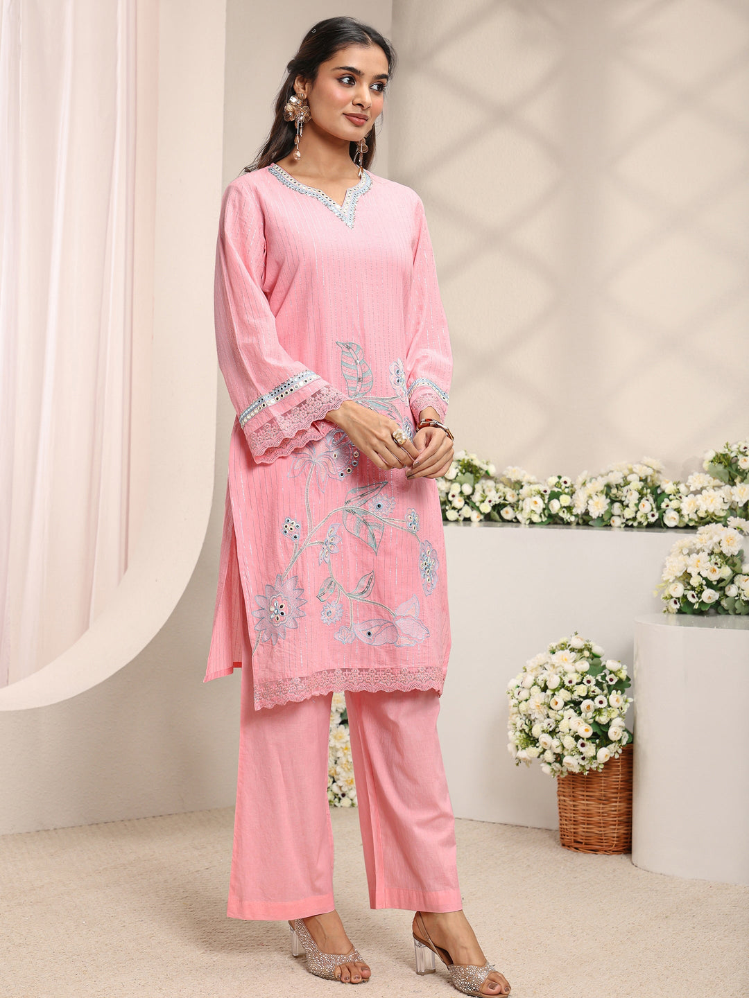  Pink Floral Embroidered Mirror Work Cotton Straight Suit Set with Dupatta 