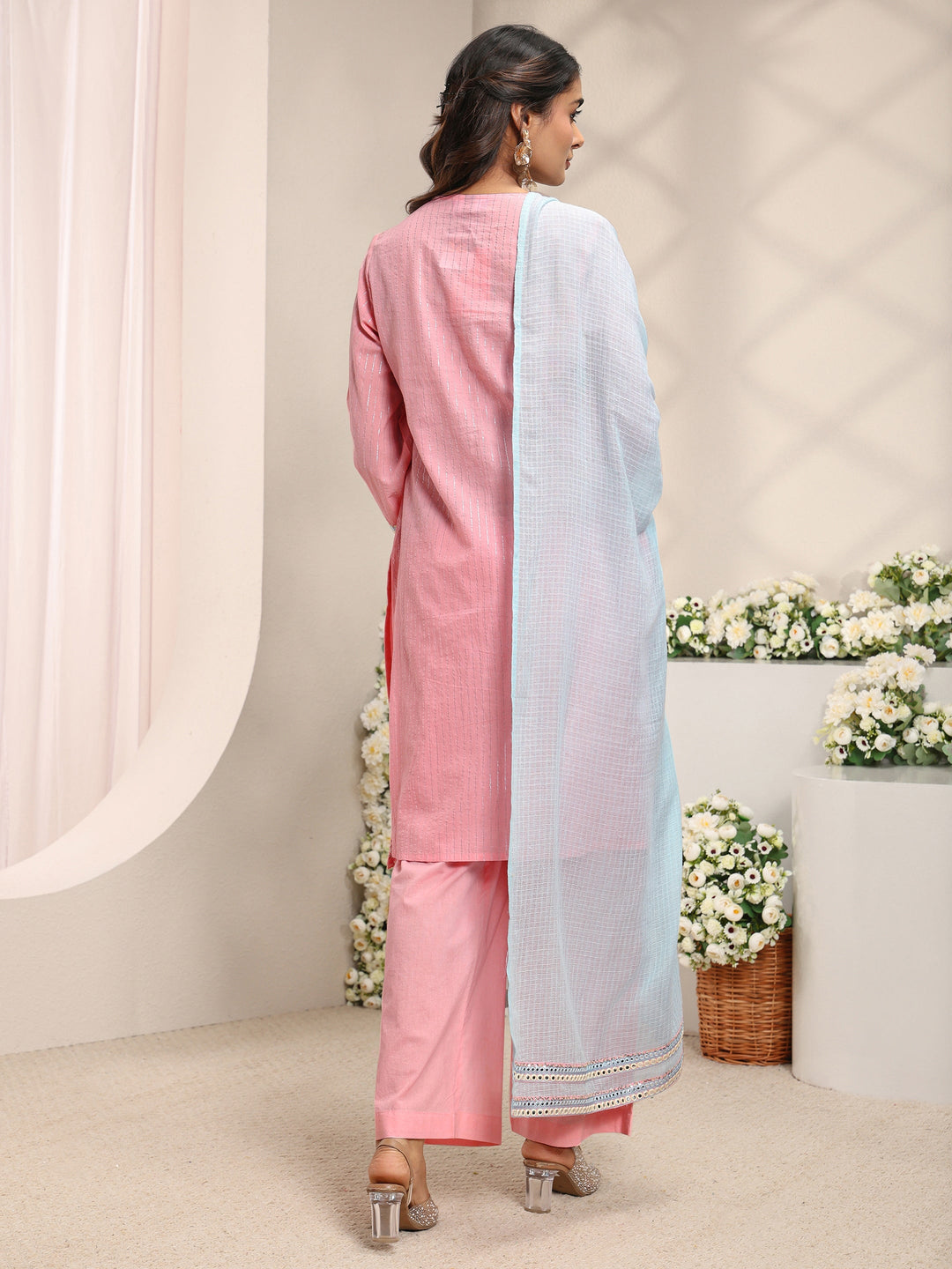  Pink Floral Embroidered Mirror Work Cotton Straight Suit Set with Dupatta 