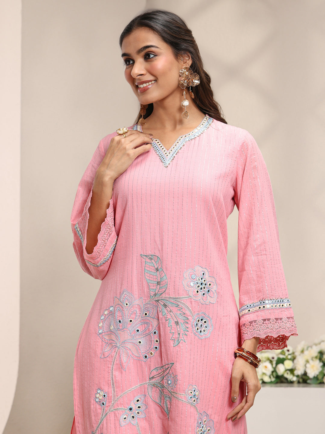  Pink Floral Embroidered Mirror Work Cotton Straight Suit Set with Dupatta 