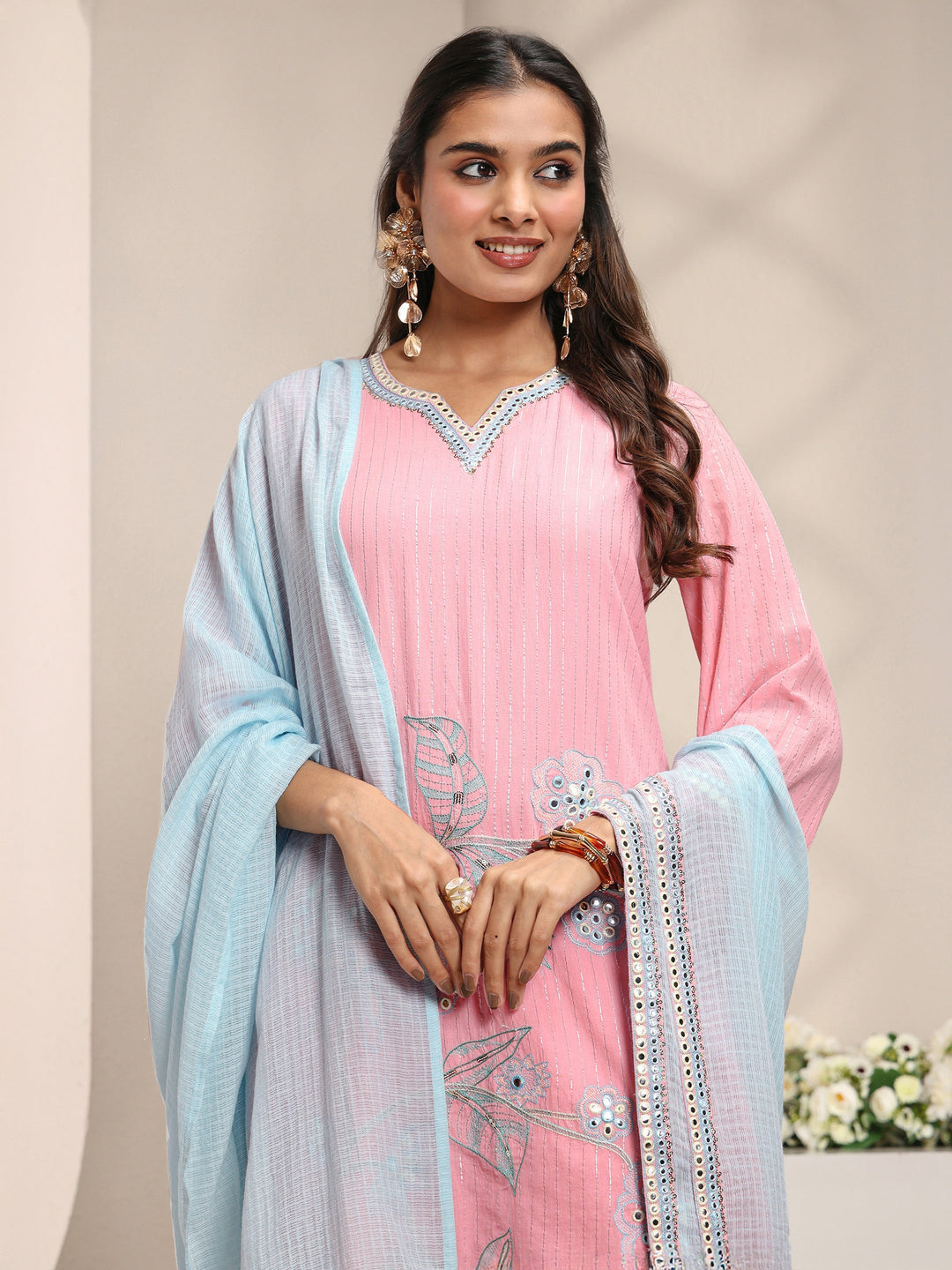  Pink Floral Embroidered Mirror Work Cotton Straight Suit Set with Dupatta 
