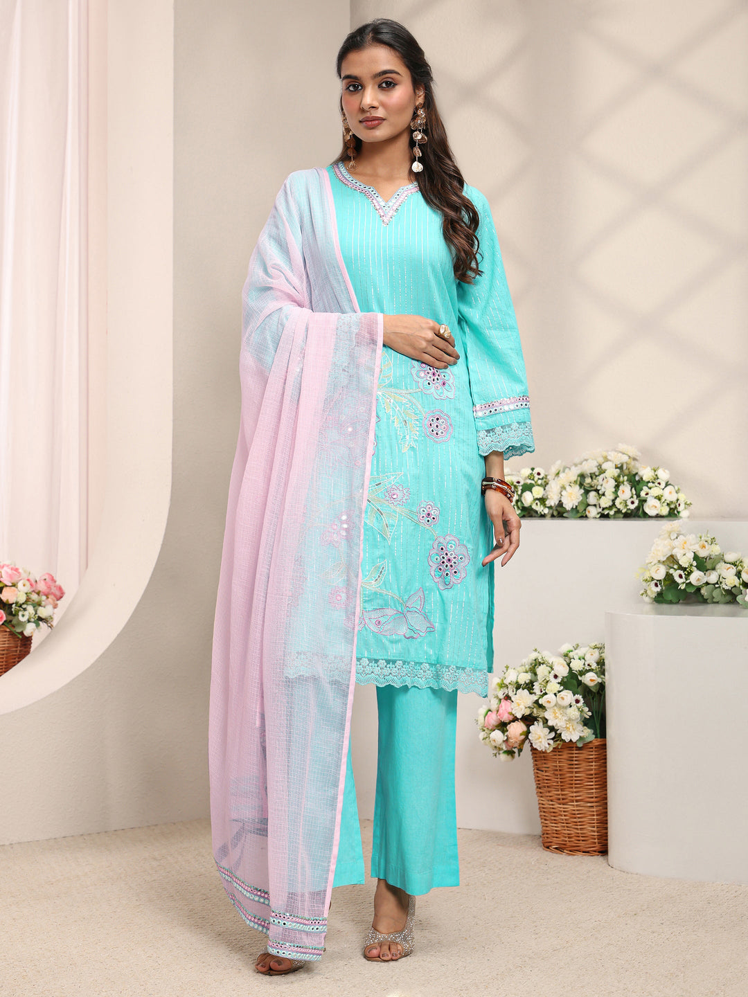  Blue Floral Embroidered Mirror Work Cotton Straight Suit Set with Dupatta 