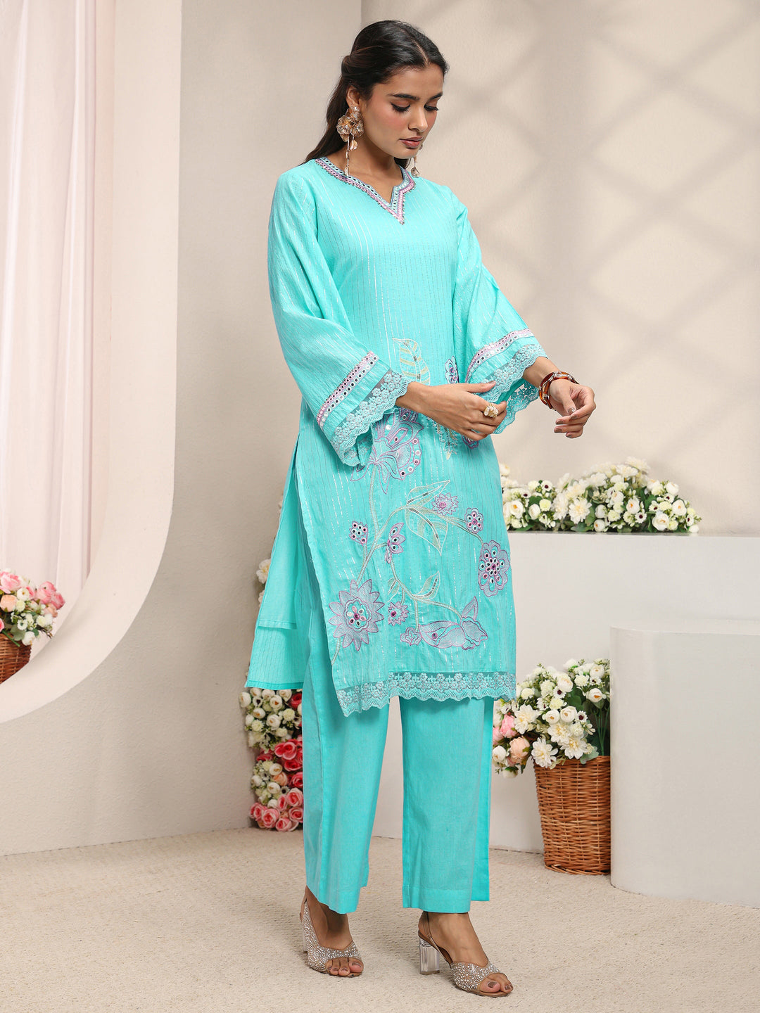  Blue Floral Embroidered Mirror Work Cotton Straight Suit Set with Dupatta 