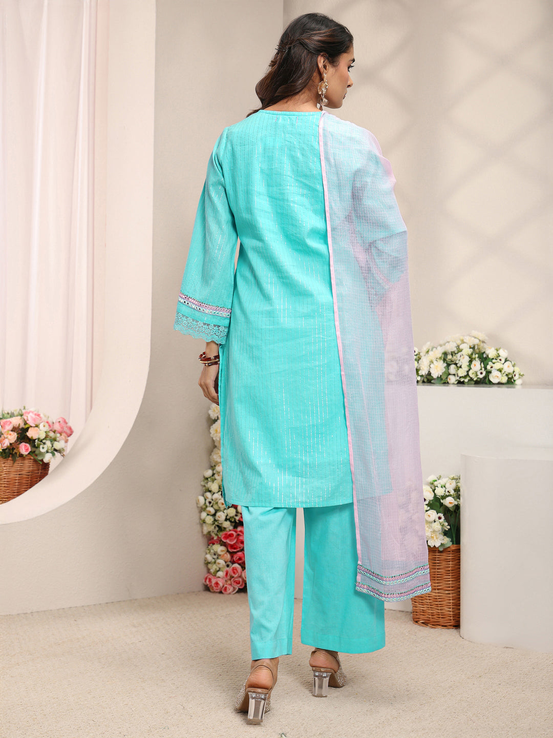  Blue Floral Embroidered Mirror Work Cotton Straight Suit Set with Dupatta 