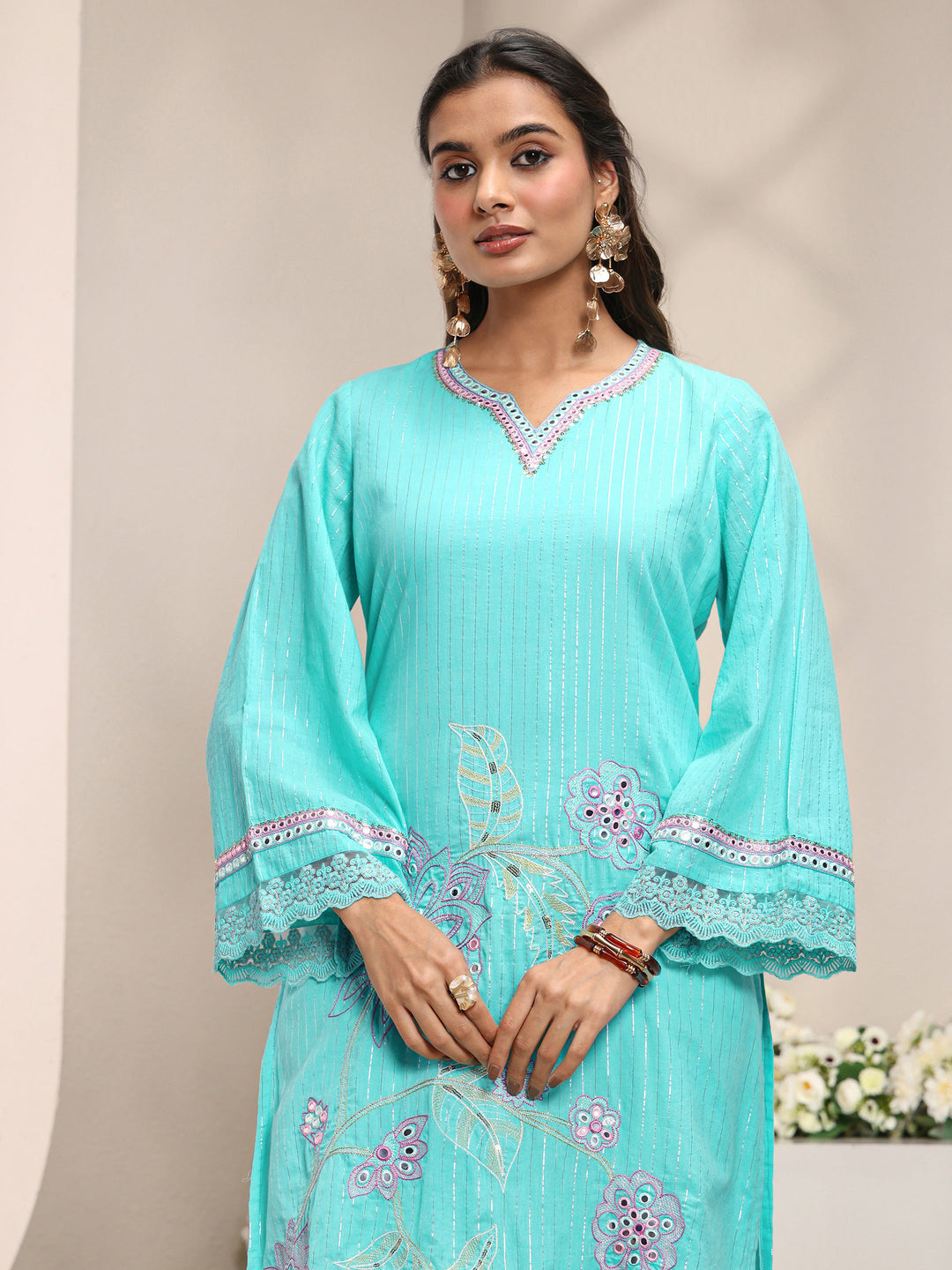  Blue Floral Embroidered Mirror Work Cotton Straight Suit Set with Dupatta 