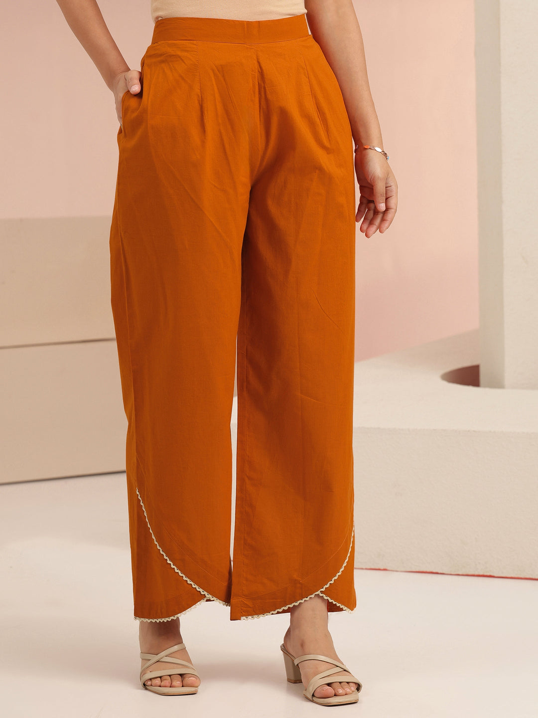 Libas Rust Orange Floral Embridered Cotton Straight Suit Set 
