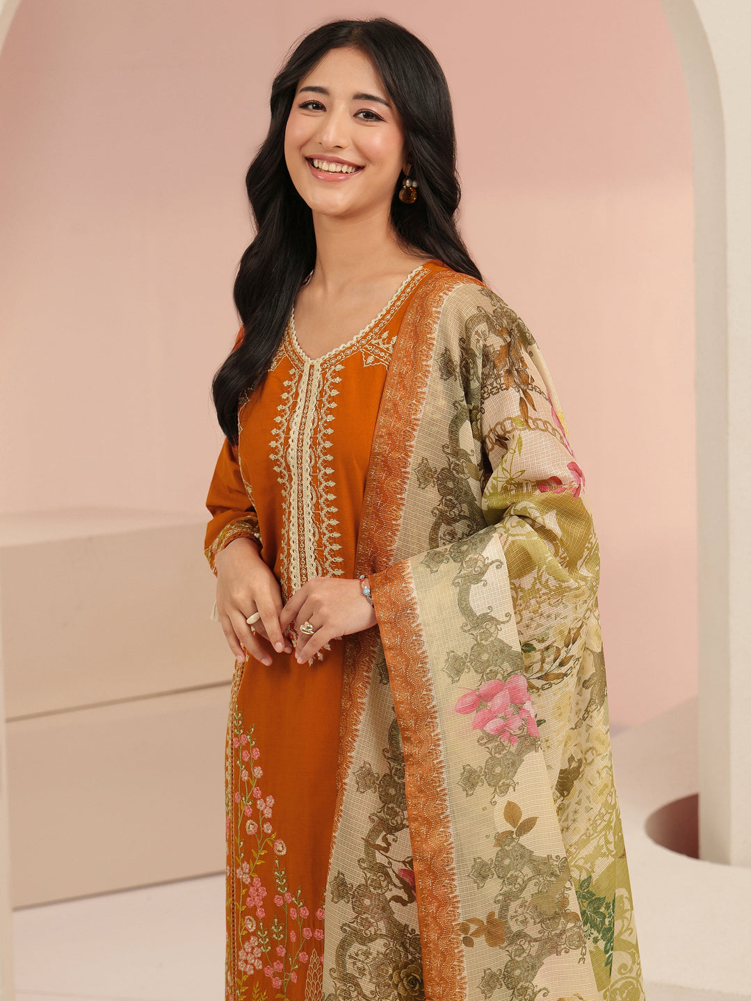  Libas Rust Orange Floral Embridered Cotton Straight Suit Set 