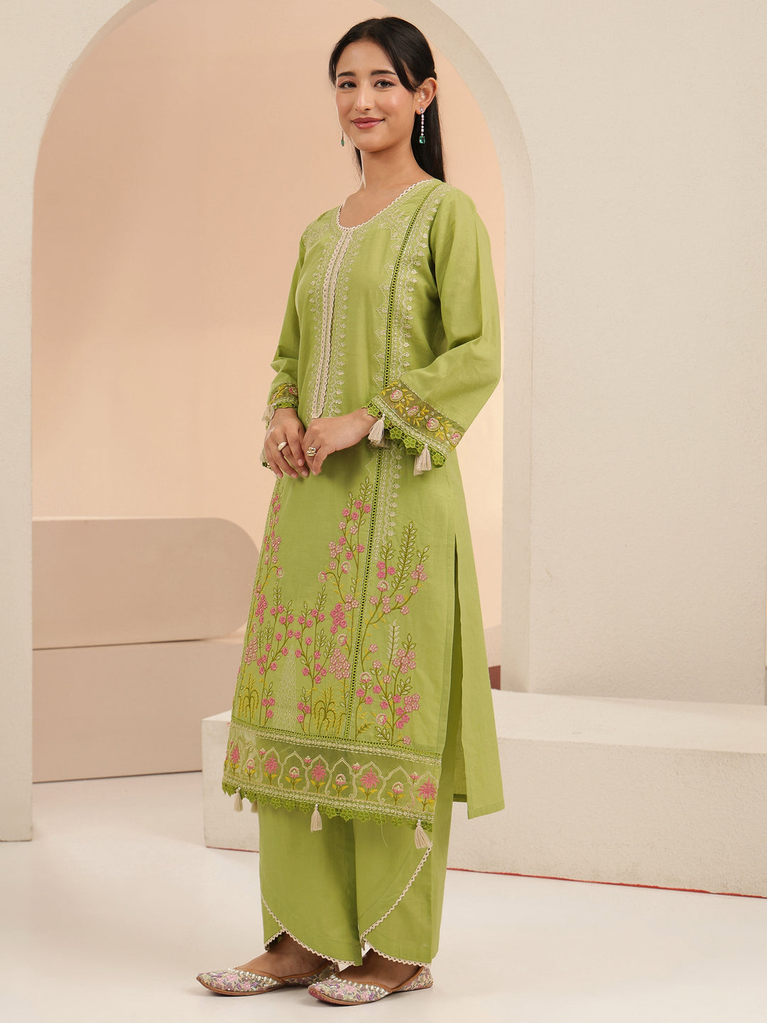  Libas Fern Green Floral Embridered Cotton Straight Suit Set 