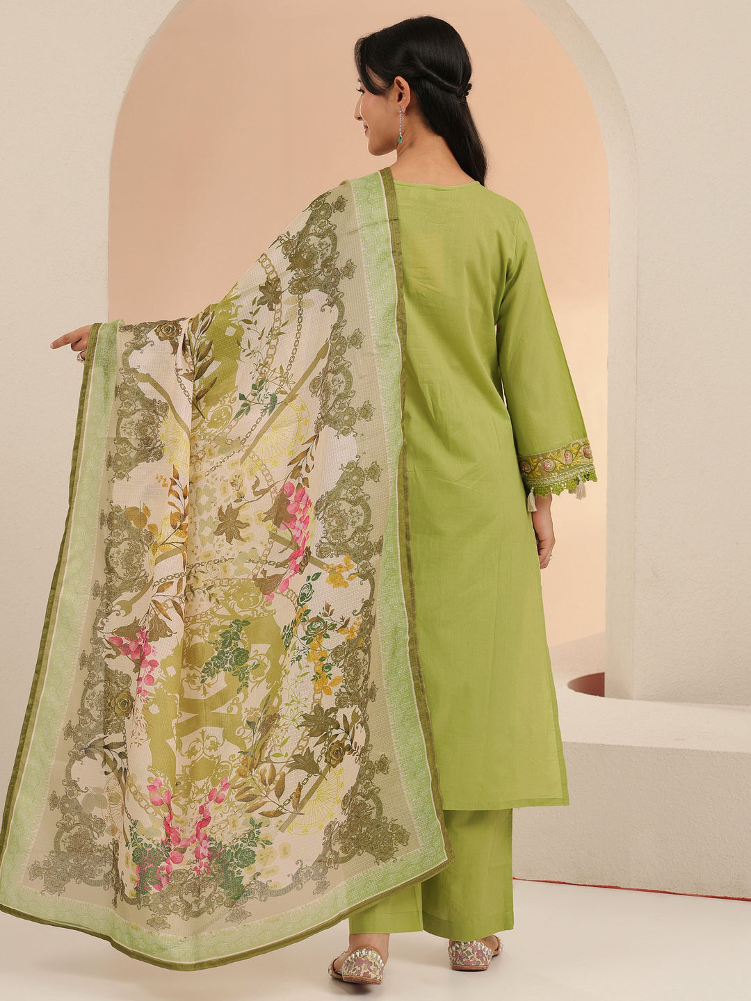  Libas Fern Green Floral Embridered Cotton Straight Suit Set 