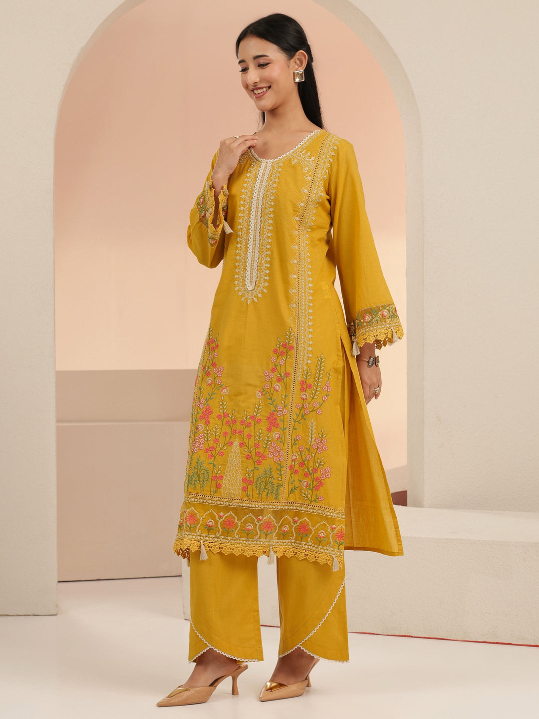  Libas Mustard Floral Embridered Cotton Straight Suit Set 
