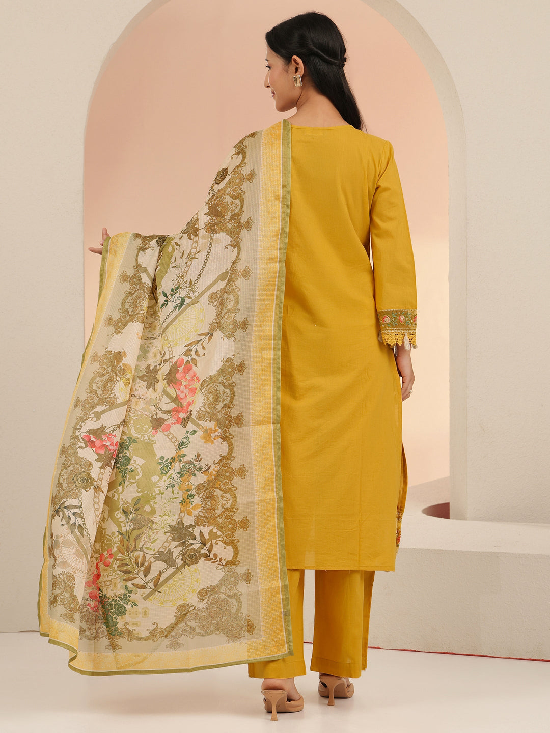  Libas Mustard Floral Embridered Cotton Straight Suit Set 