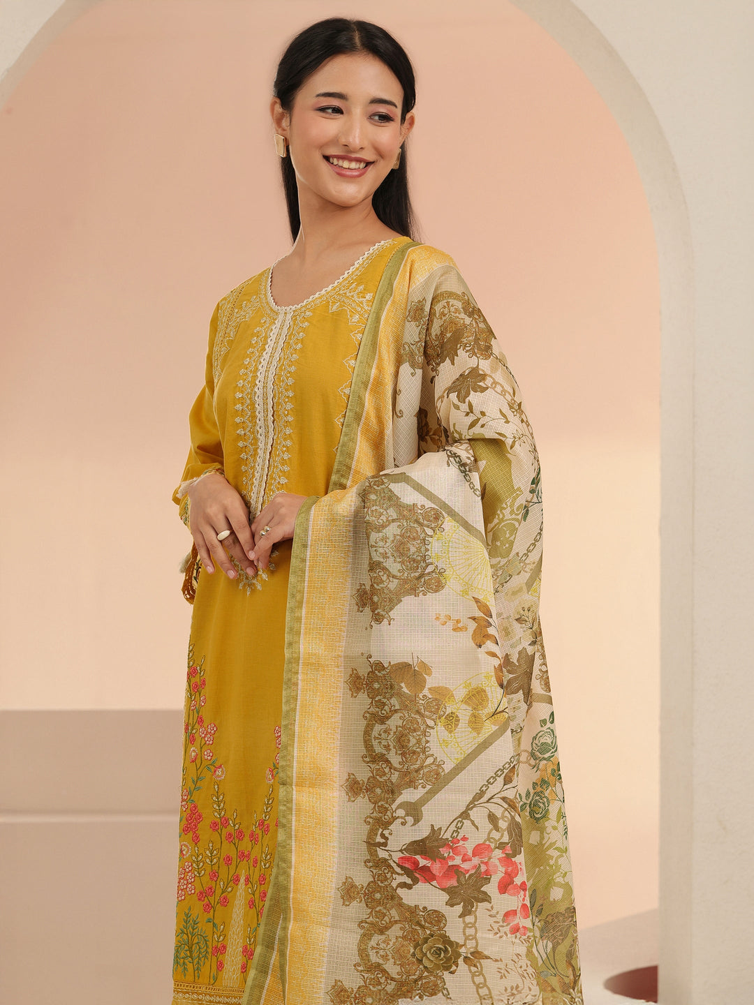  Libas Mustard Floral Embridered Cotton Straight Suit Set 